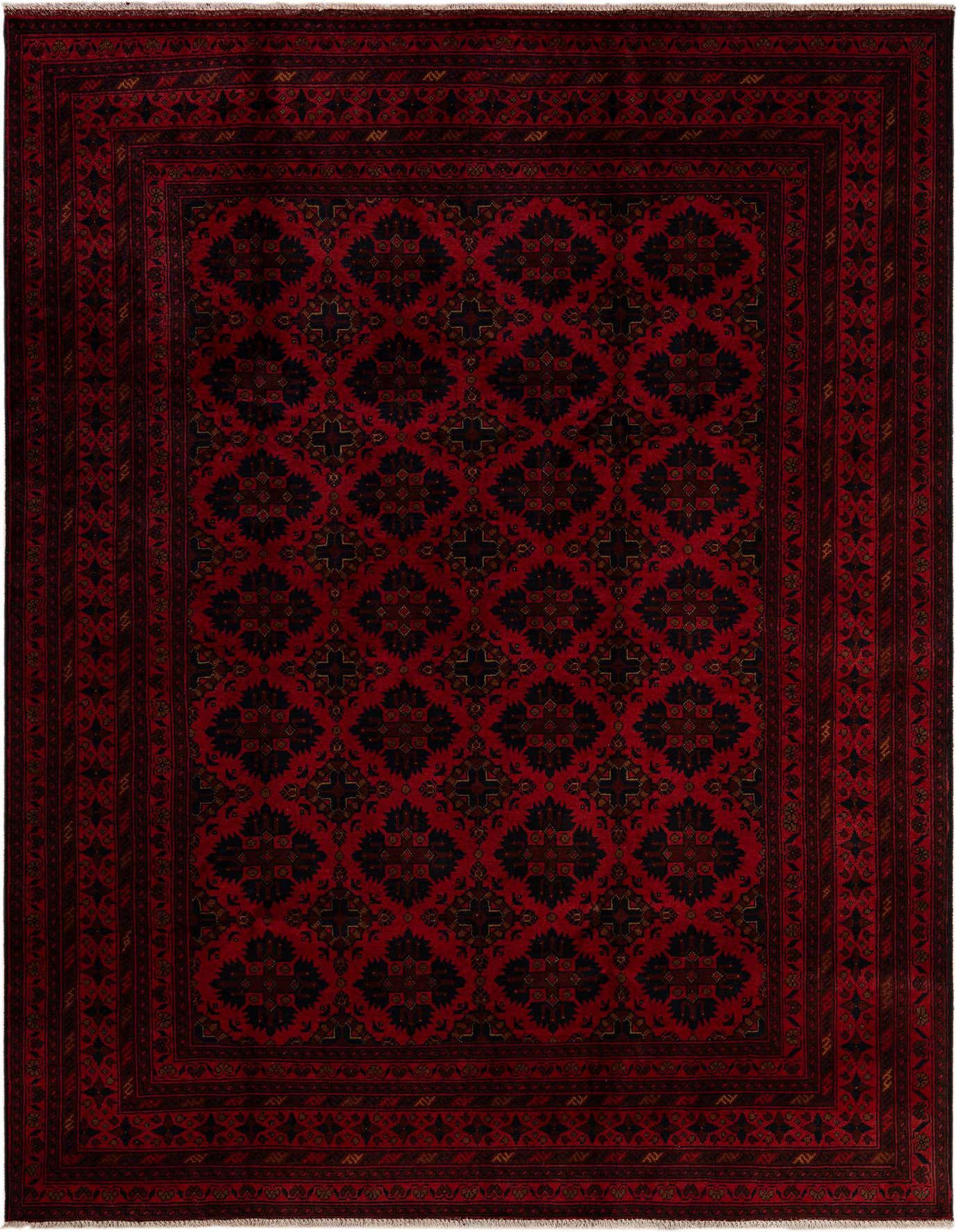 A 7x10 rectangular Khal Mohammadi rug featuring a rich red field with repeating dark floral patterns and a multi-bordered edge.