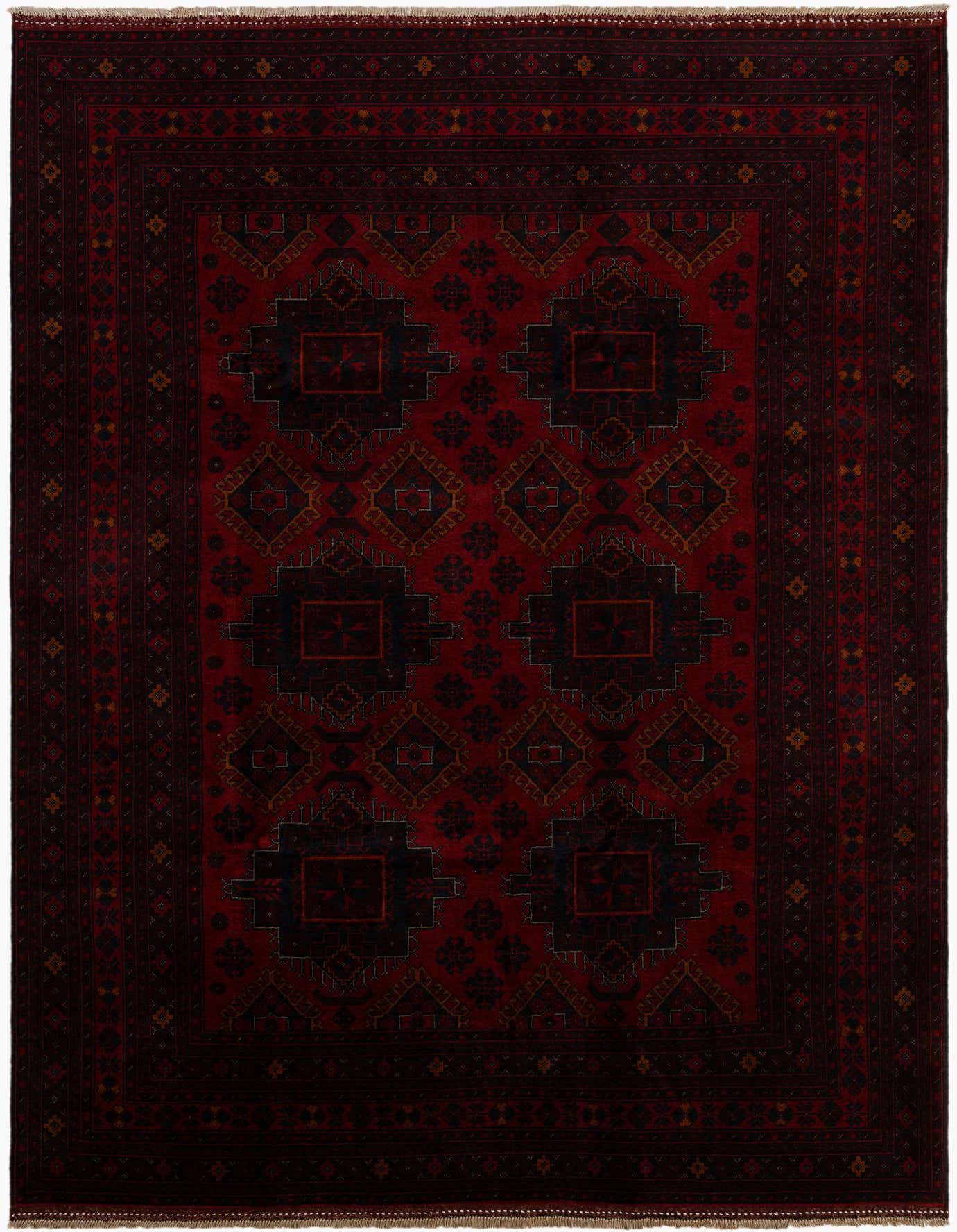 A 7x10 rectangular Khal Mohammadi rug in deep reds with a traditional oriental pattern featuring dark geometric medallions and a detailed border.
