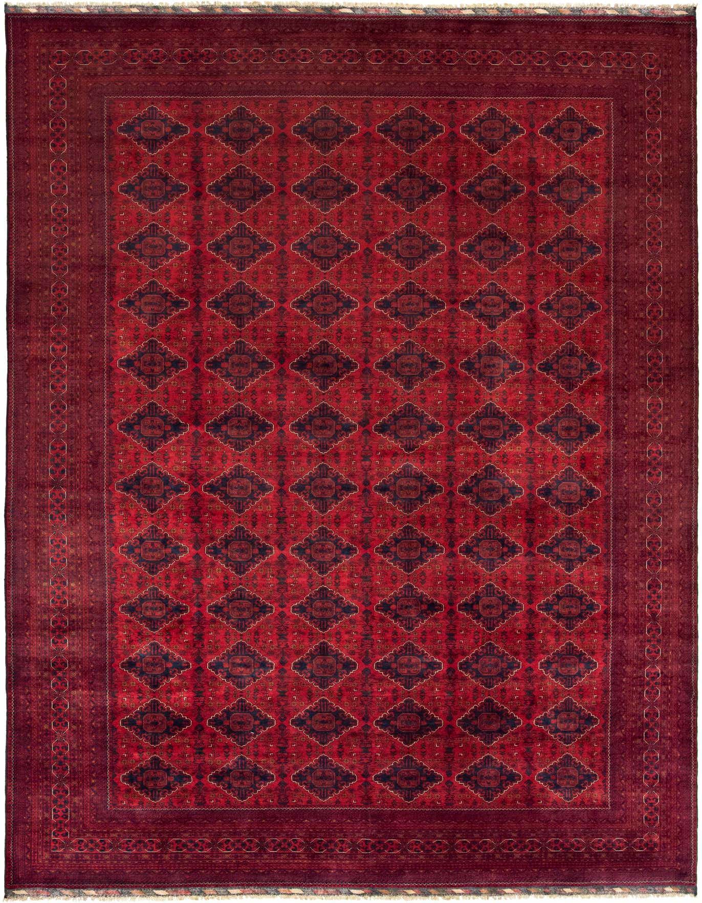 A large 13x18 rectangular Khal Mohammadi rug featuring a traditional red field with repeating dark geometric patterns and a detailed border.