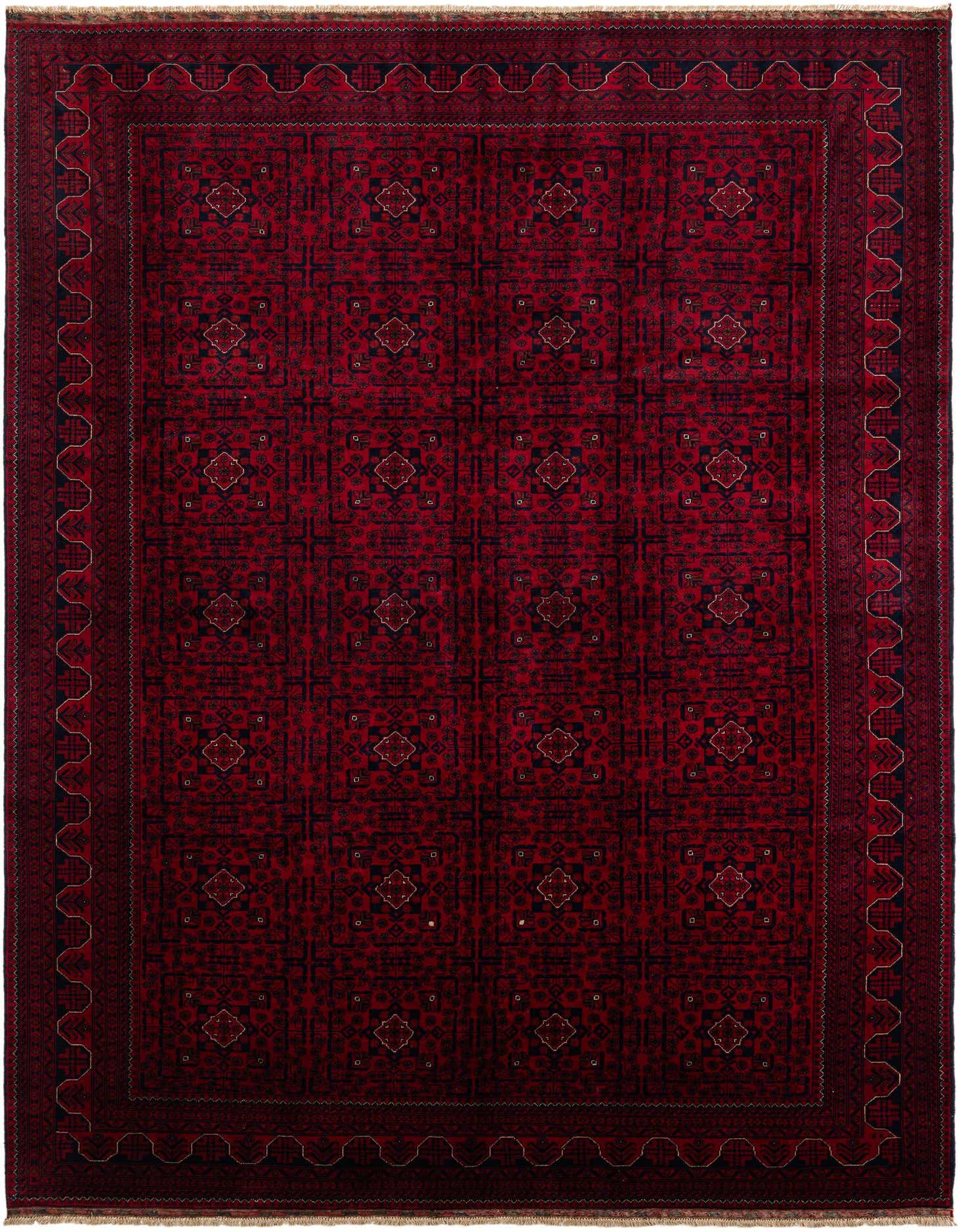 A rectangular 8x11 Khal Mohammadi rug in rich reds with intricate oriental patterns and a decorative border.
