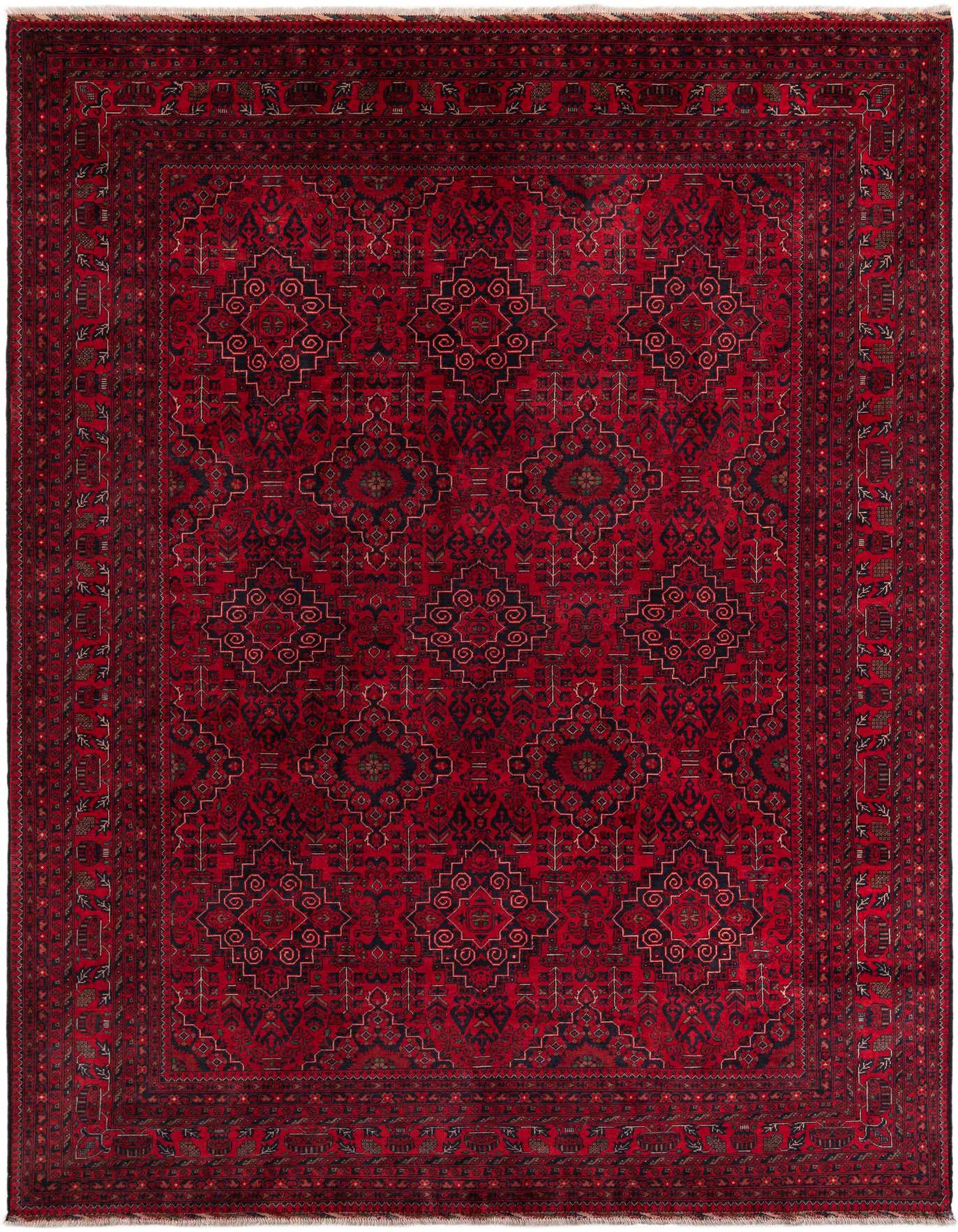 A large 8x12 rectangular Khal Mohammadi rug in deep reds with a traditional Oriental pattern and intricate border.