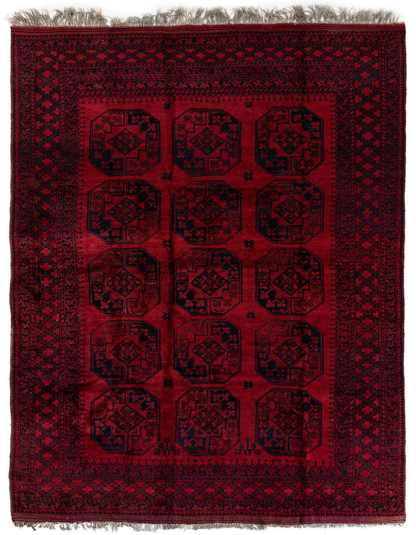 A rectangular 8x11 Khal Mohammadi rug in deep red with intricate dark blue traditional patterns and fringed ends.