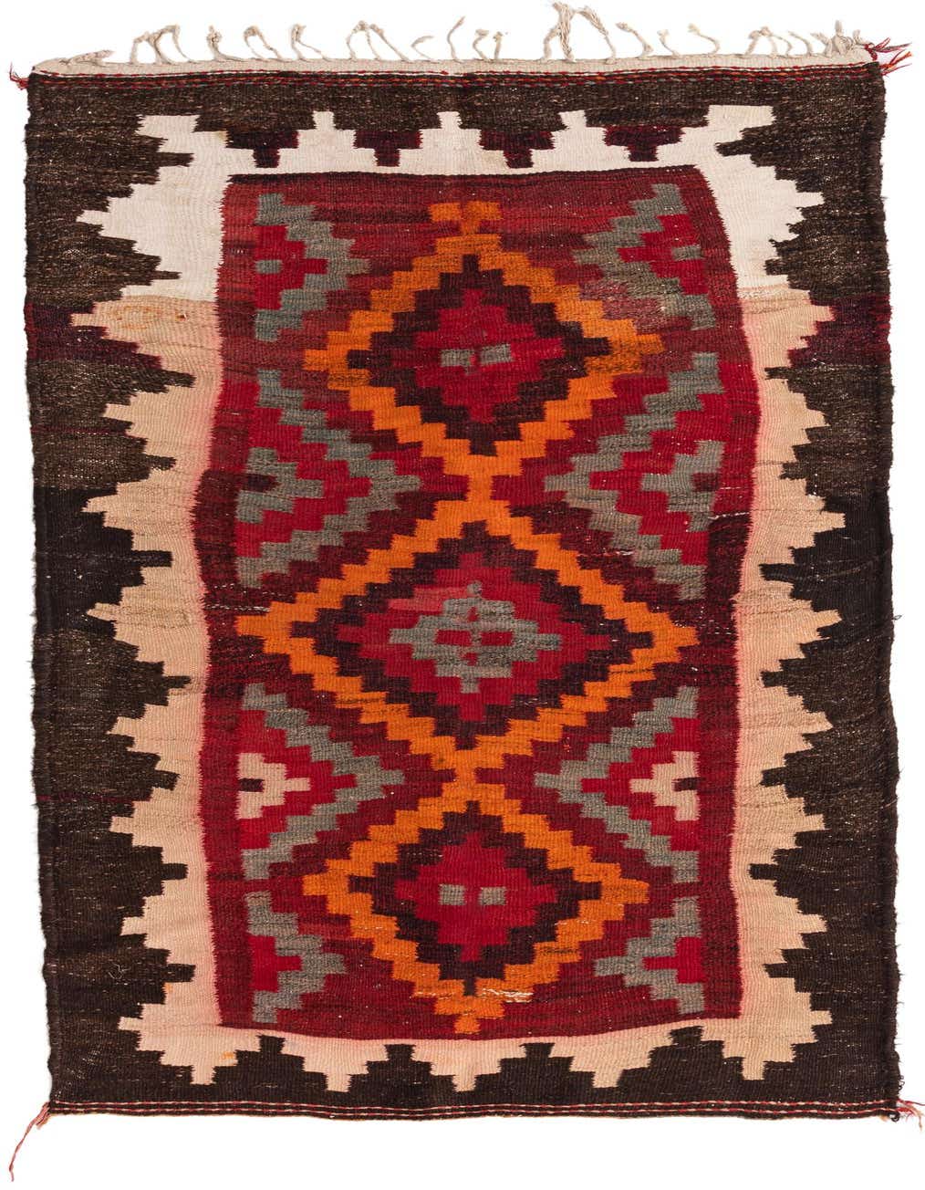 A 4x6 rectangular Kilim Fars rug with a tribal medallion pattern in reds, oranges, and grays, framed by a dark brown and cream border.