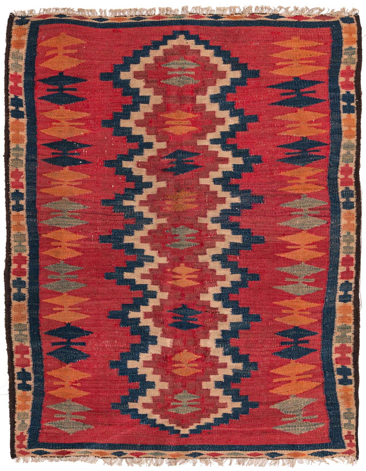 A 4x6 rectangular Kilim Fars rug with a vibrant red field and a central geometric pattern in navy, beige, and orange.
