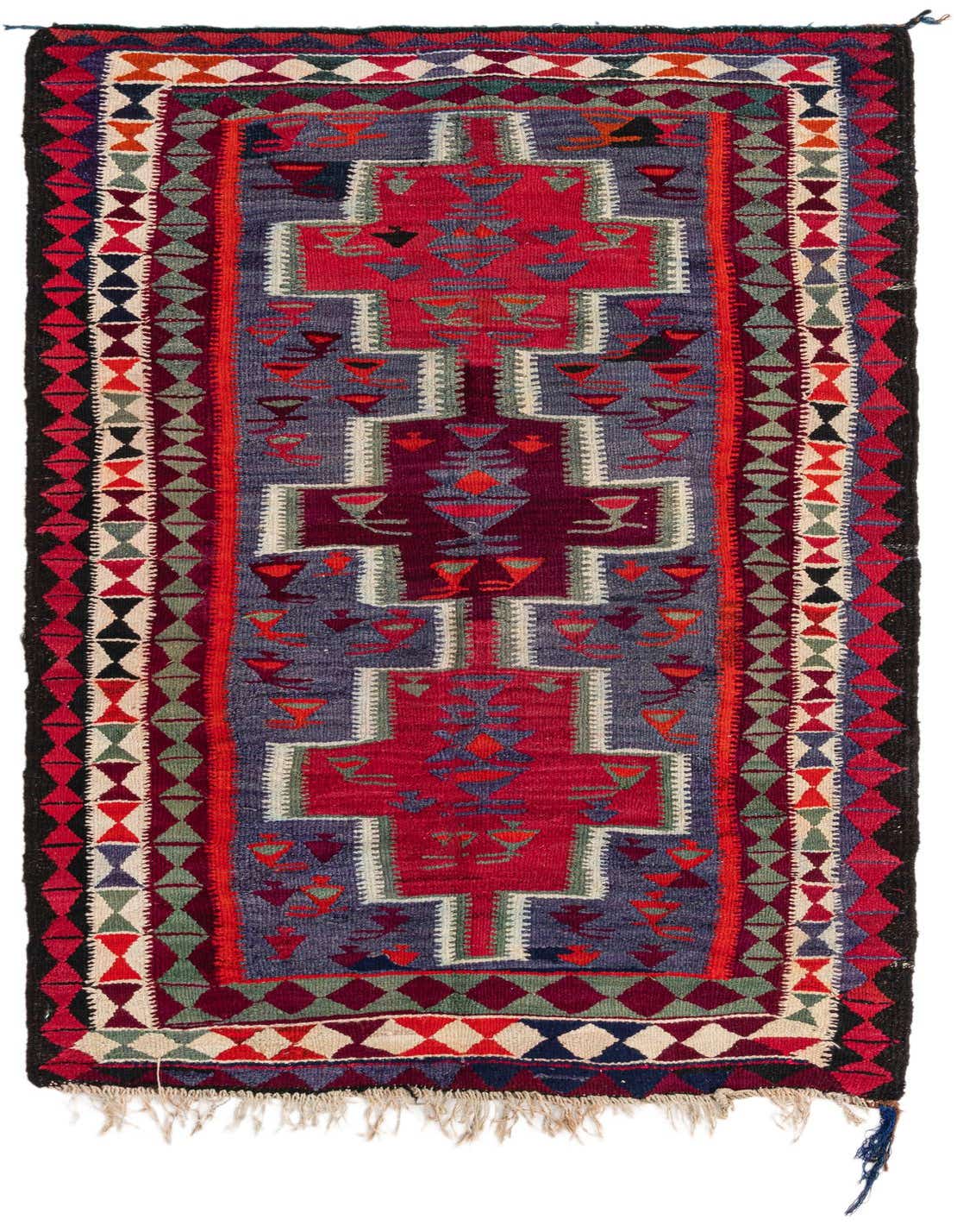 A 5x8 rectangular Kilim Fars rug with a vibrant red and blue tribal pattern, featuring a central medallion and geometric borders.