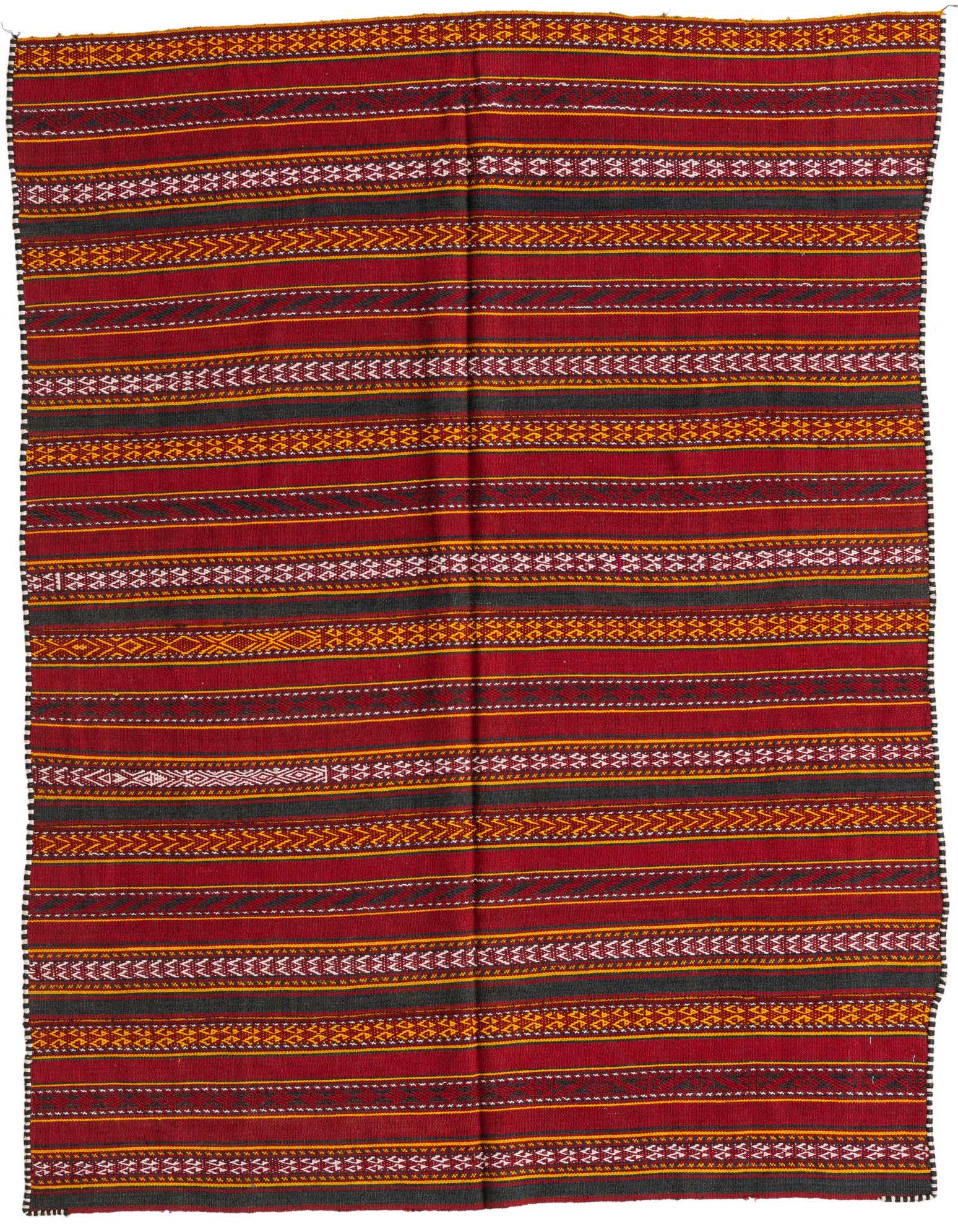 A 4x6 rectangular Kilim Fars rug with a flatweave, featuring horizontal stripes in various shades of red, accented with tribal patterns in black, white, and gold.