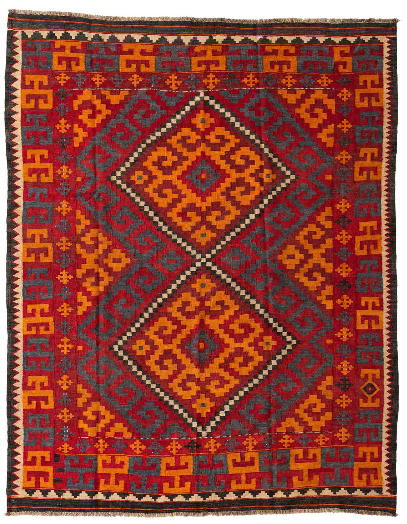 A 6x9 rectangular Kilim Fars rug with a vibrant red background, orange and gray tribal patterns, and a central medallion design.