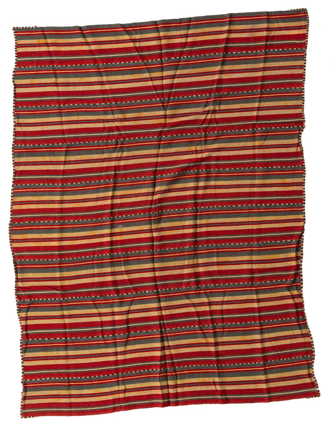 A 5x8 rectangular Kilim Fars rug with red, gray, and beige stripes, featuring a flatweave texture.