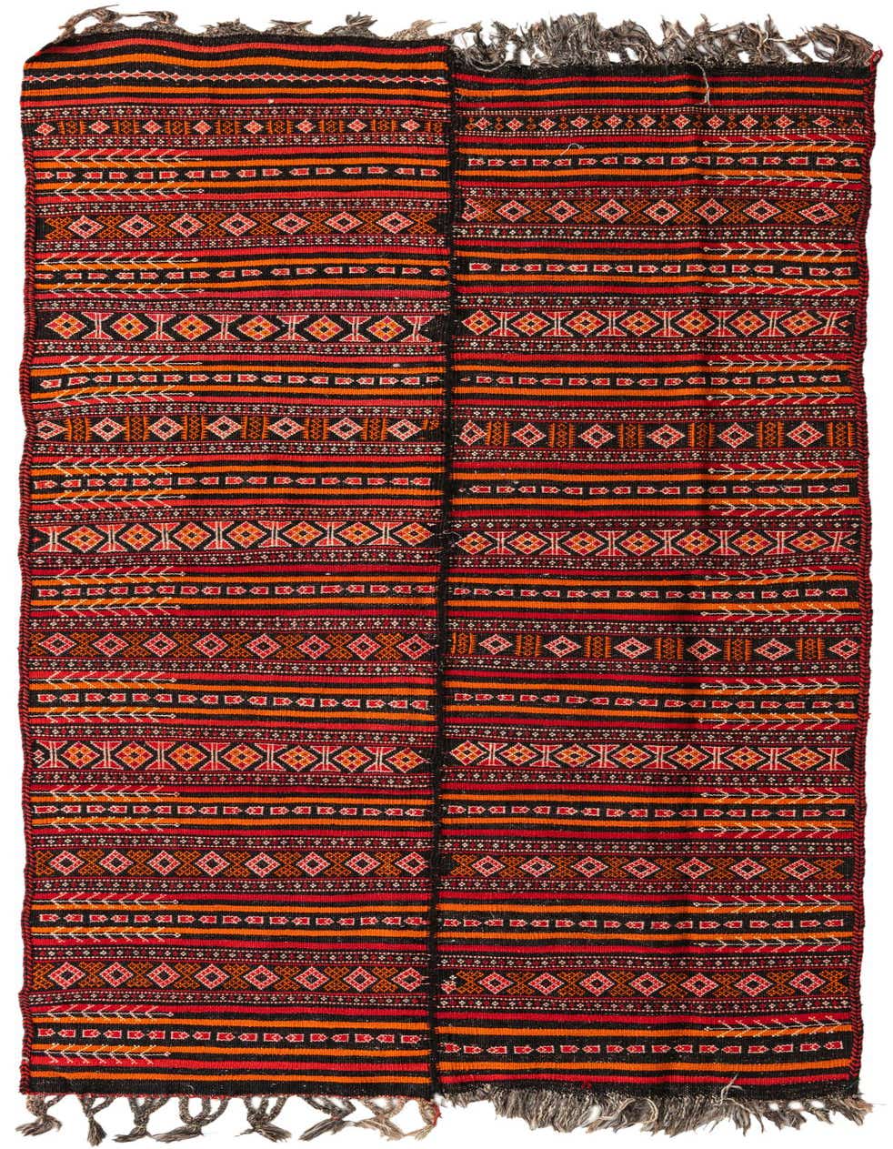 A 5x8 rectangular Kilim Fars rug with tribal patterns in shades of red, orange, and black, featuring a flatweave texture and fringe.
