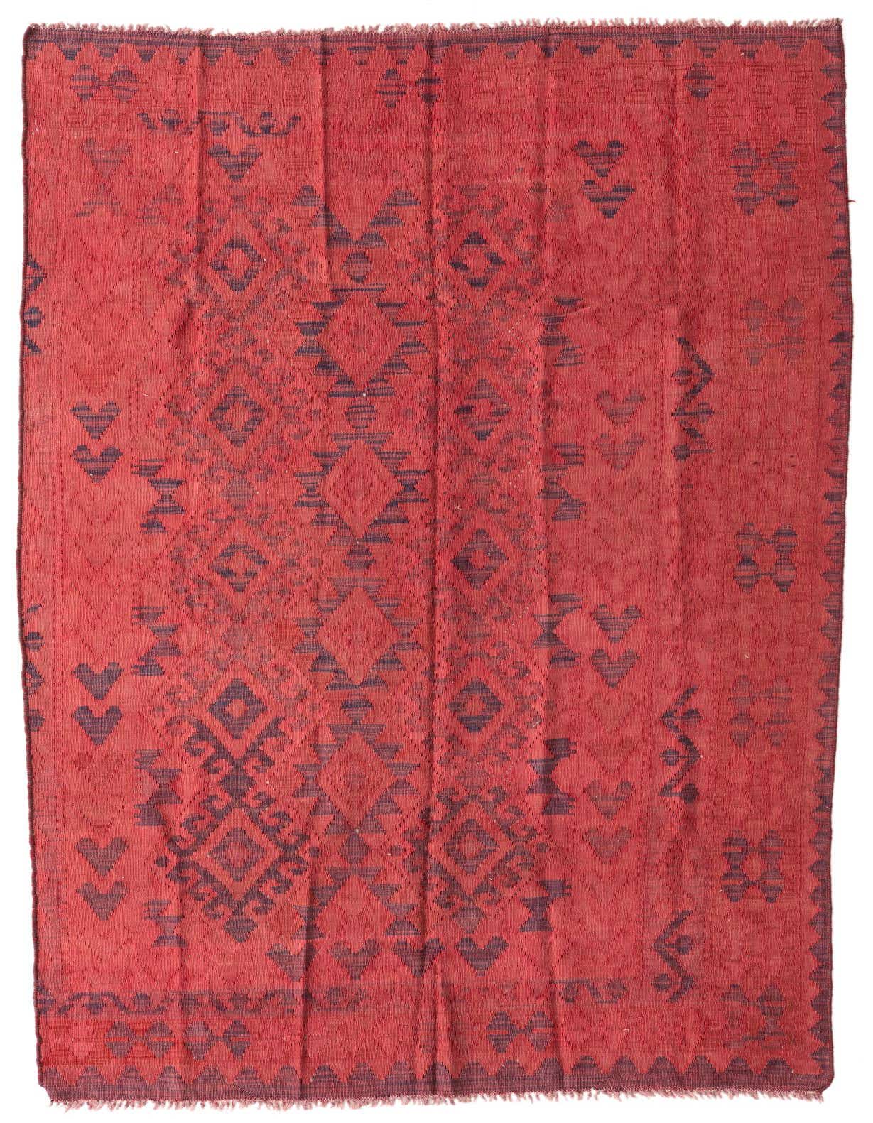 A 5x8 rectangular Kilim Fars rug in shades of red with intricate tribal and geometric patterns, showcasing its flatweave texture.