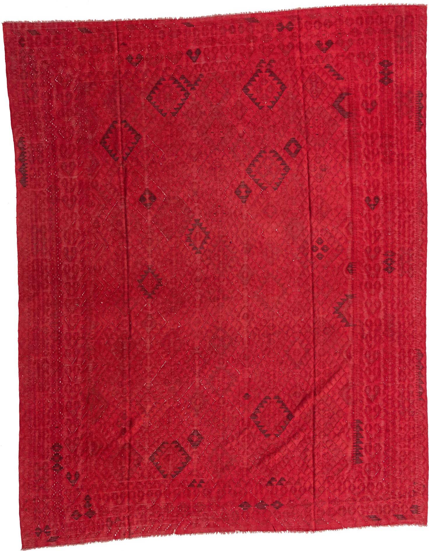 A handmade 8x11 rectangular Kilim Fars rug in shades of red with subtle traditional tribal patterns.