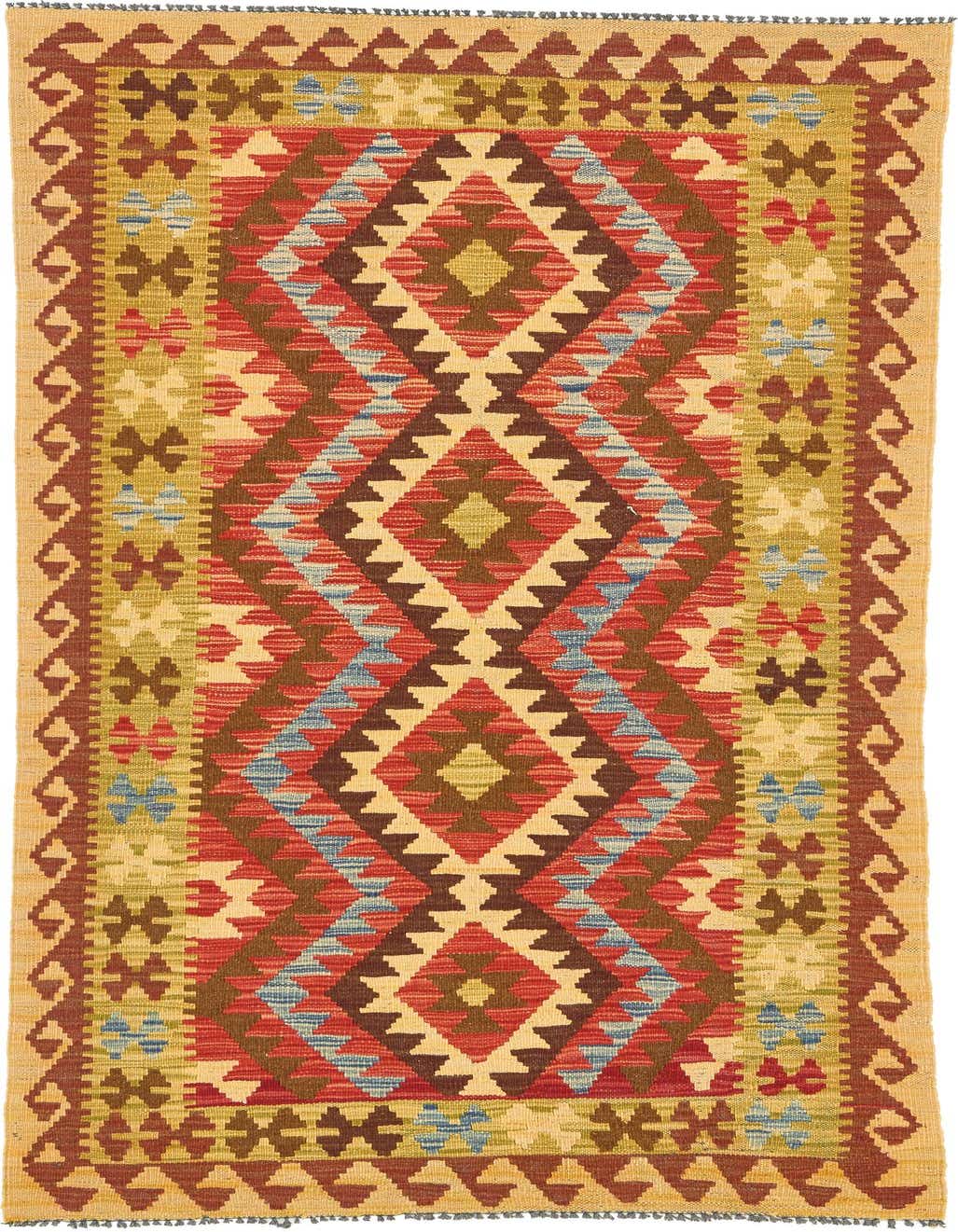 A 4x6 rectangular Kilim Maymana wool rug with a Southwestern tribal pattern in reds, blues, browns, and gold.
