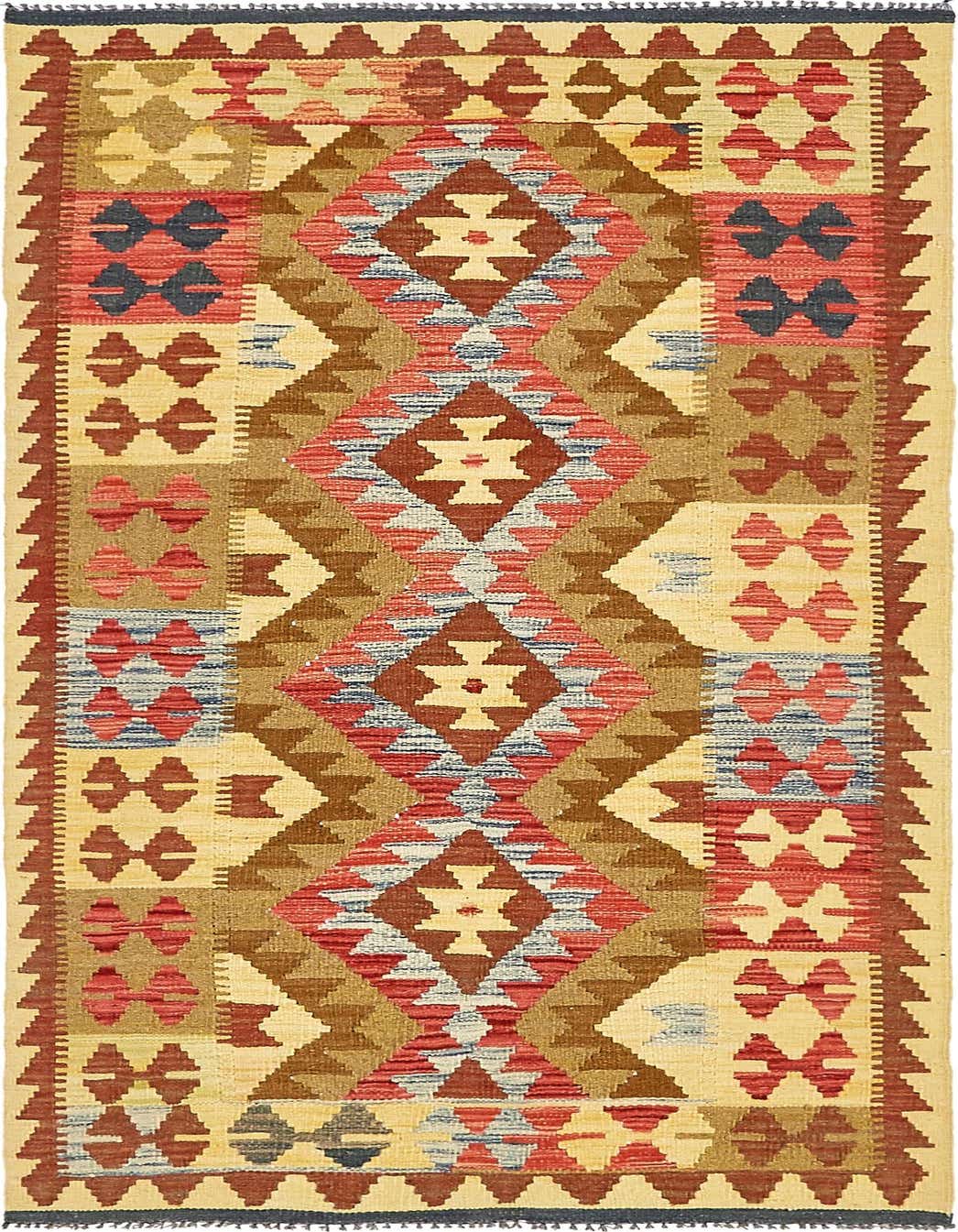A 4x6 rectangular Kilim Maymana rug with a Southwestern tribal pattern in reds, blues, browns, and cream.