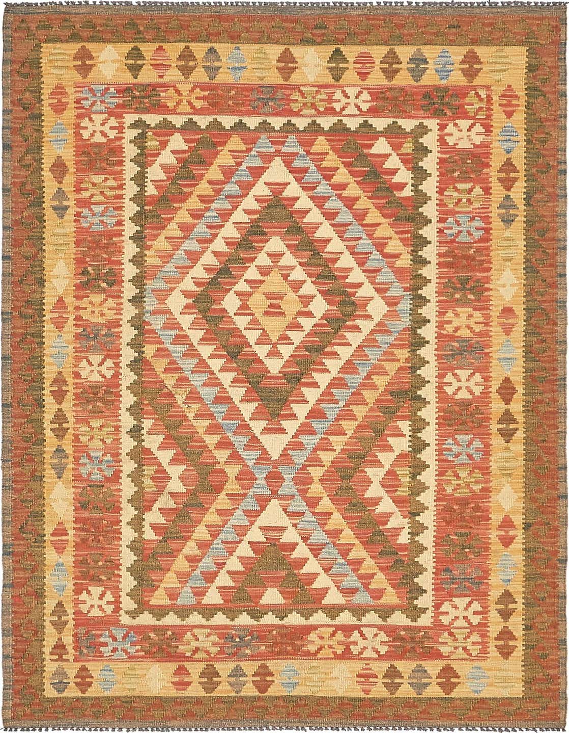 A 4x6 rectangular Kilim Maymana wool rug featuring a Southwestern tribal pattern in shades of red, brown, gold, and light blue.