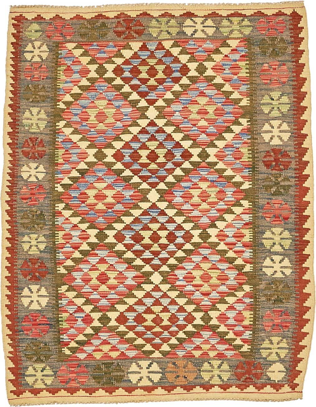A 4x6 rectangular Kilim Maymana rug with a Southwestern and Tribal pattern in reds, blues, greens, and creams, featuring a flatweave texture.