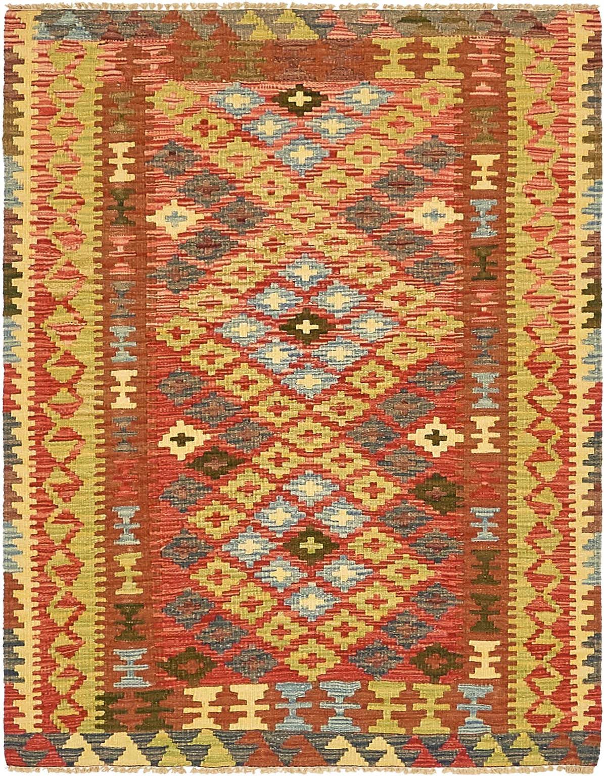 A 3x5 rectangular Kilim Maymana rug featuring a vibrant tribal pattern in reds, blues, greens, and creams.