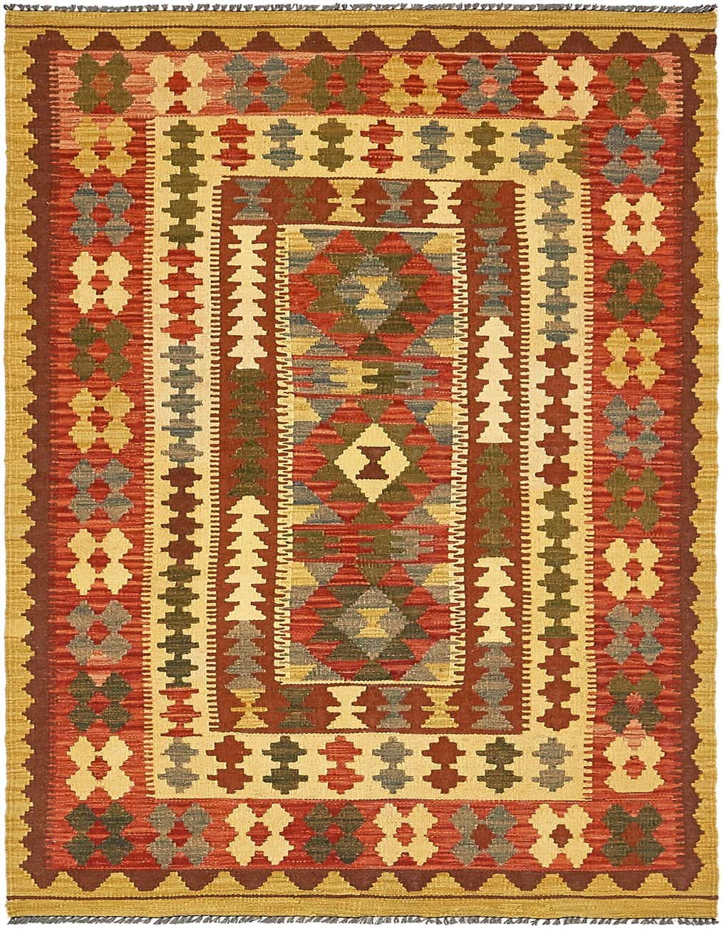 A 4x6 rectangular Kilim Maymana rug with a tribal pattern in shades of red, gold, green, and blue.