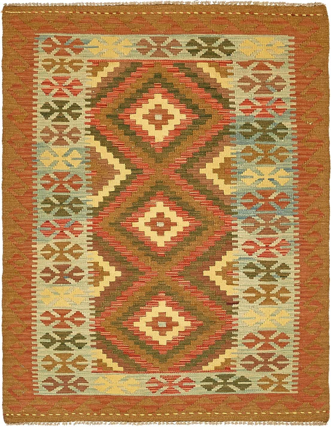 A 4x6 rectangular Kilim Maymana rug featuring a tribal Oriental pattern in reds, browns, yellows, and blues, with a flatweave texture.