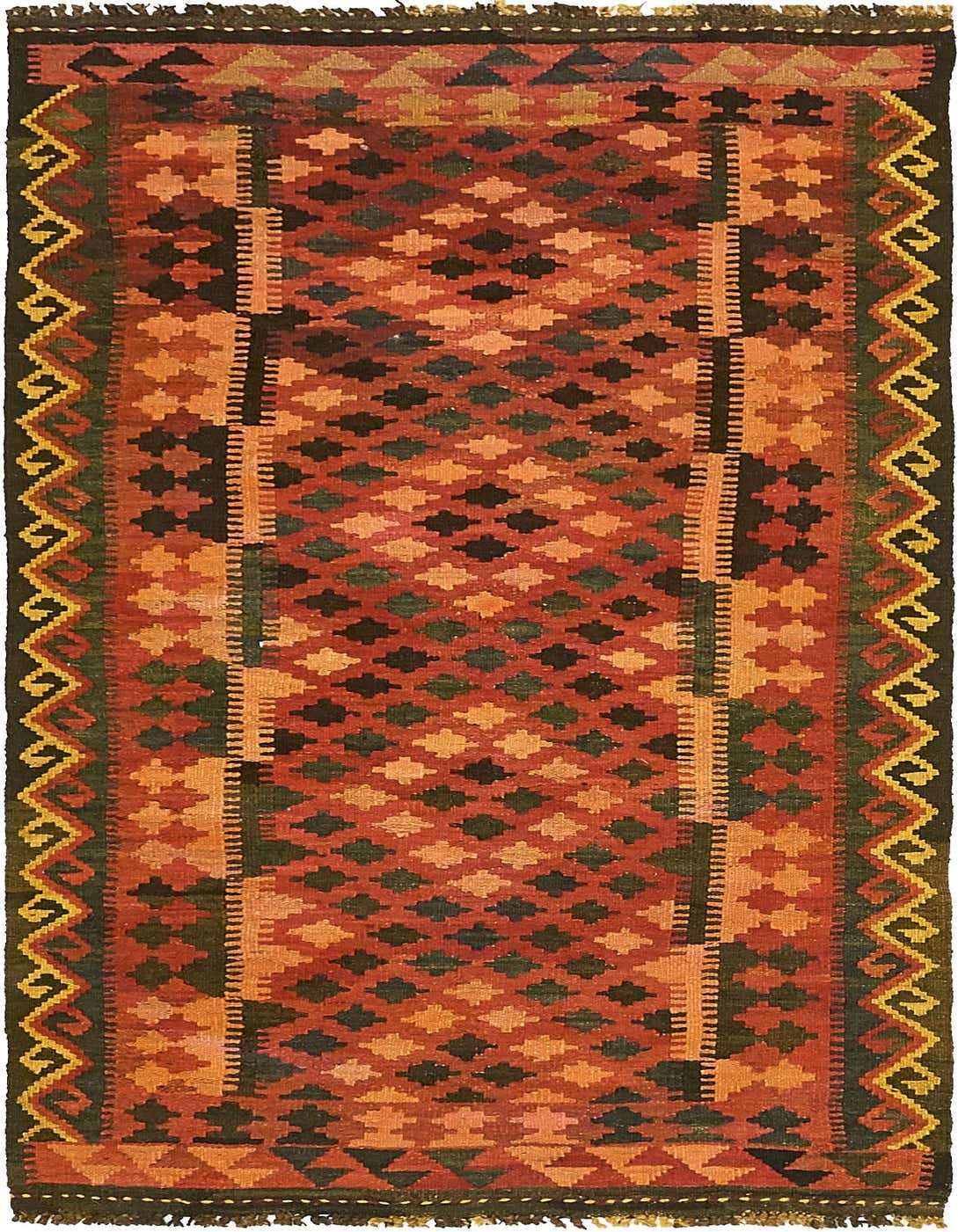 A 4x6 rectangular Kilim Maymana rug featuring a tribal pattern in shades of red, orange, and dark green.