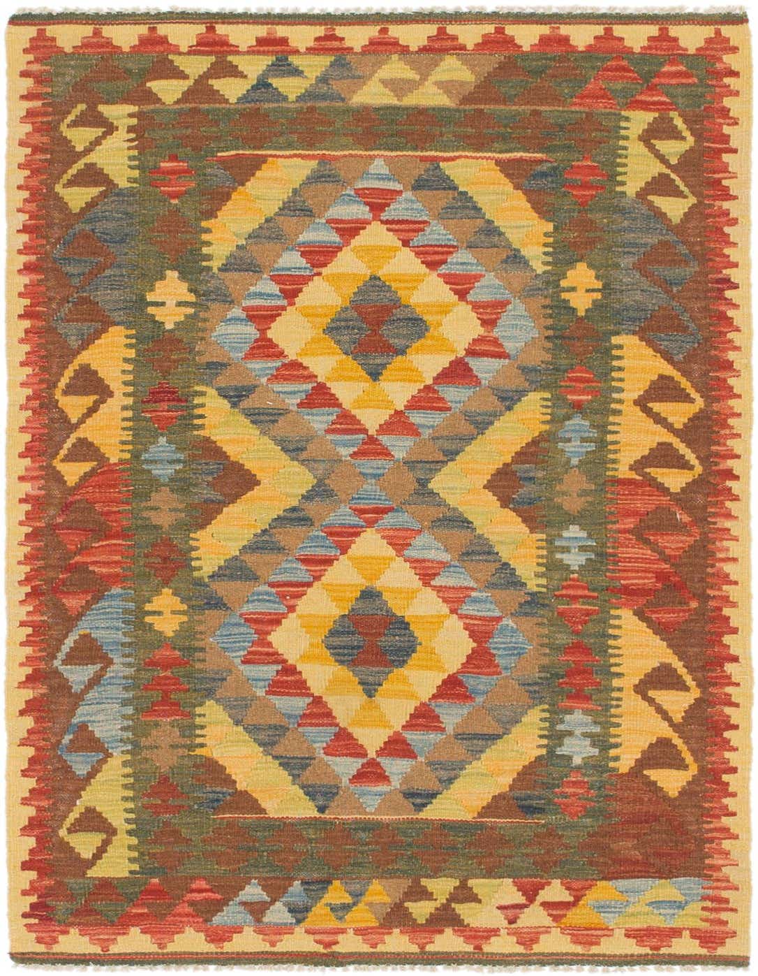 A 3x5 rectangular Kilim Maymana wool rug featuring a vibrant tribal medallion pattern in reds, yellows, blues, and browns.