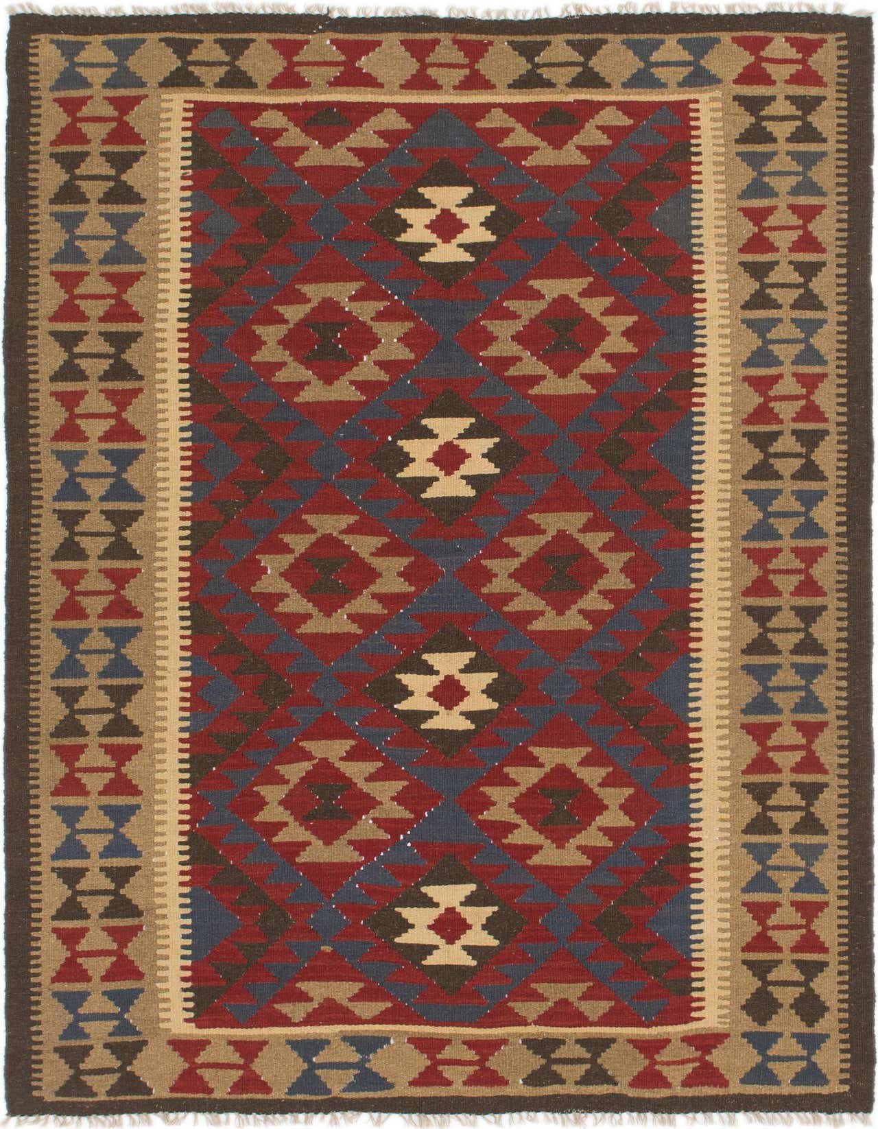 A 5x8 rectangular Kilim Maymana rug featuring a Southwestern tribal pattern in shades of red, blue, and tan.