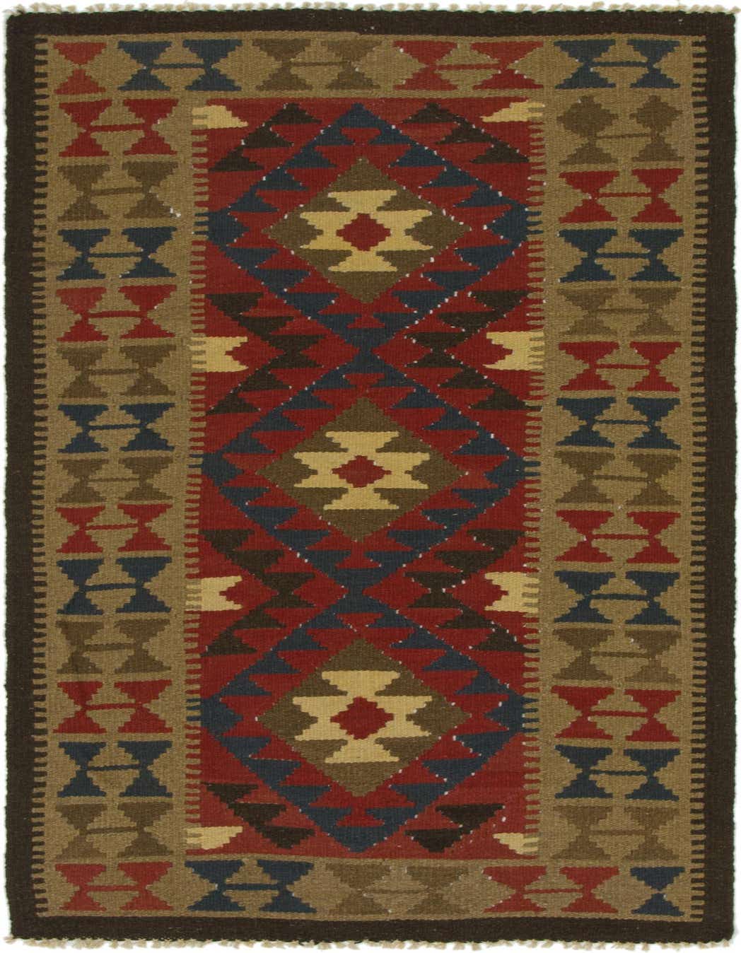 A 4x6 rectangular Kilim Maymana rug featuring a Southwestern and Tribal pattern in shades of red, blue, brown, and tan.