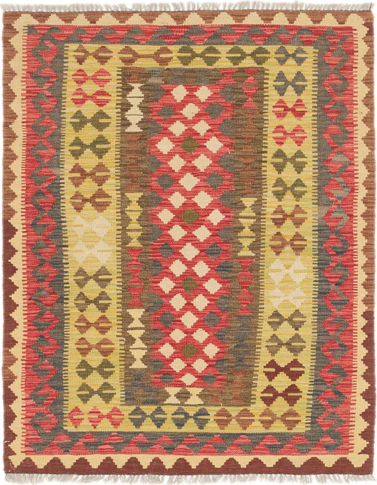 A 4x6 rectangular Kilim Maymana rug featuring a tribal pattern in shades of red, brown, yellow, and blue.
