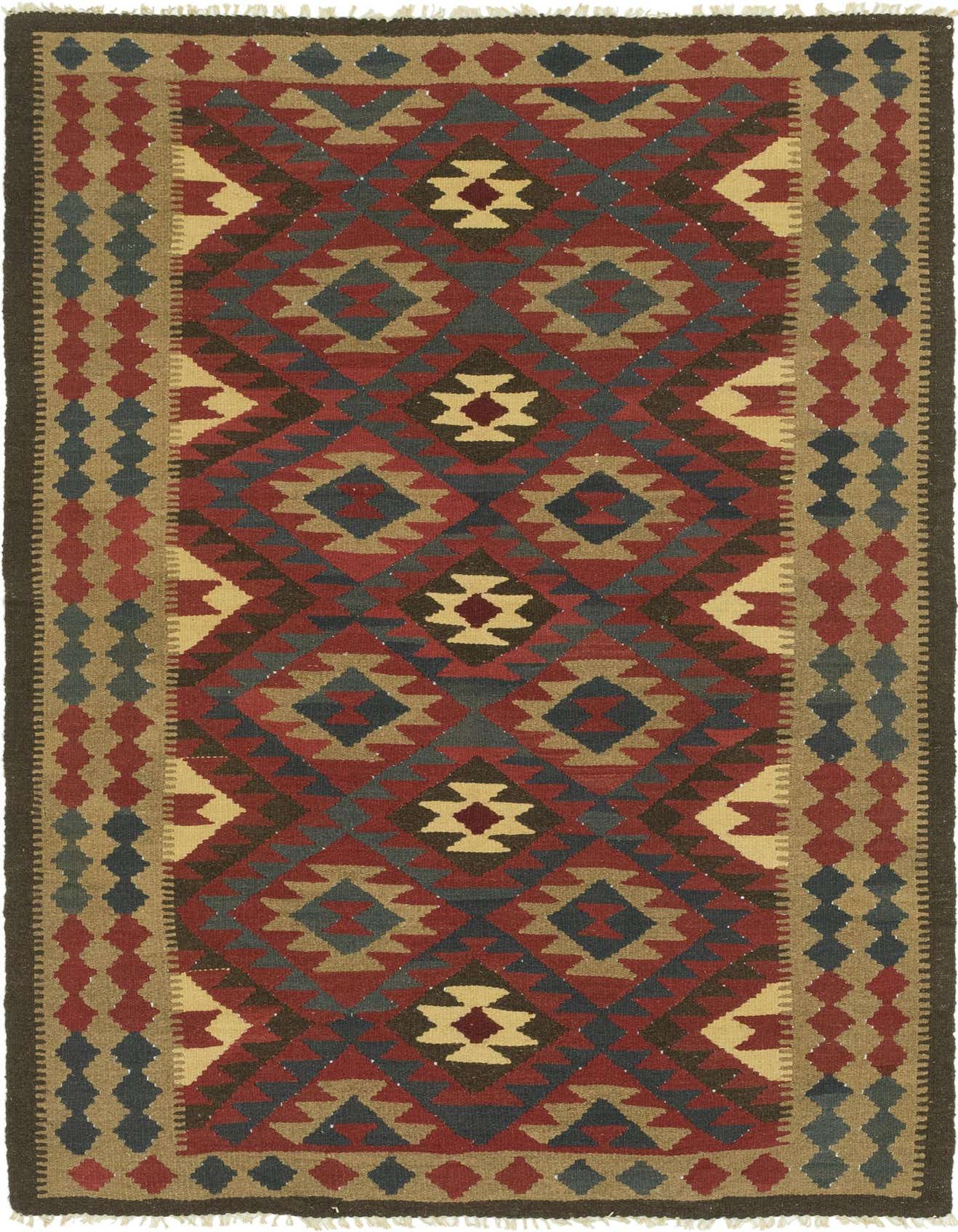 A 5x8 rectangular Kilim Maymana rug with a flatweave, featuring a tribal pattern in reds, blues, browns, and beige.
