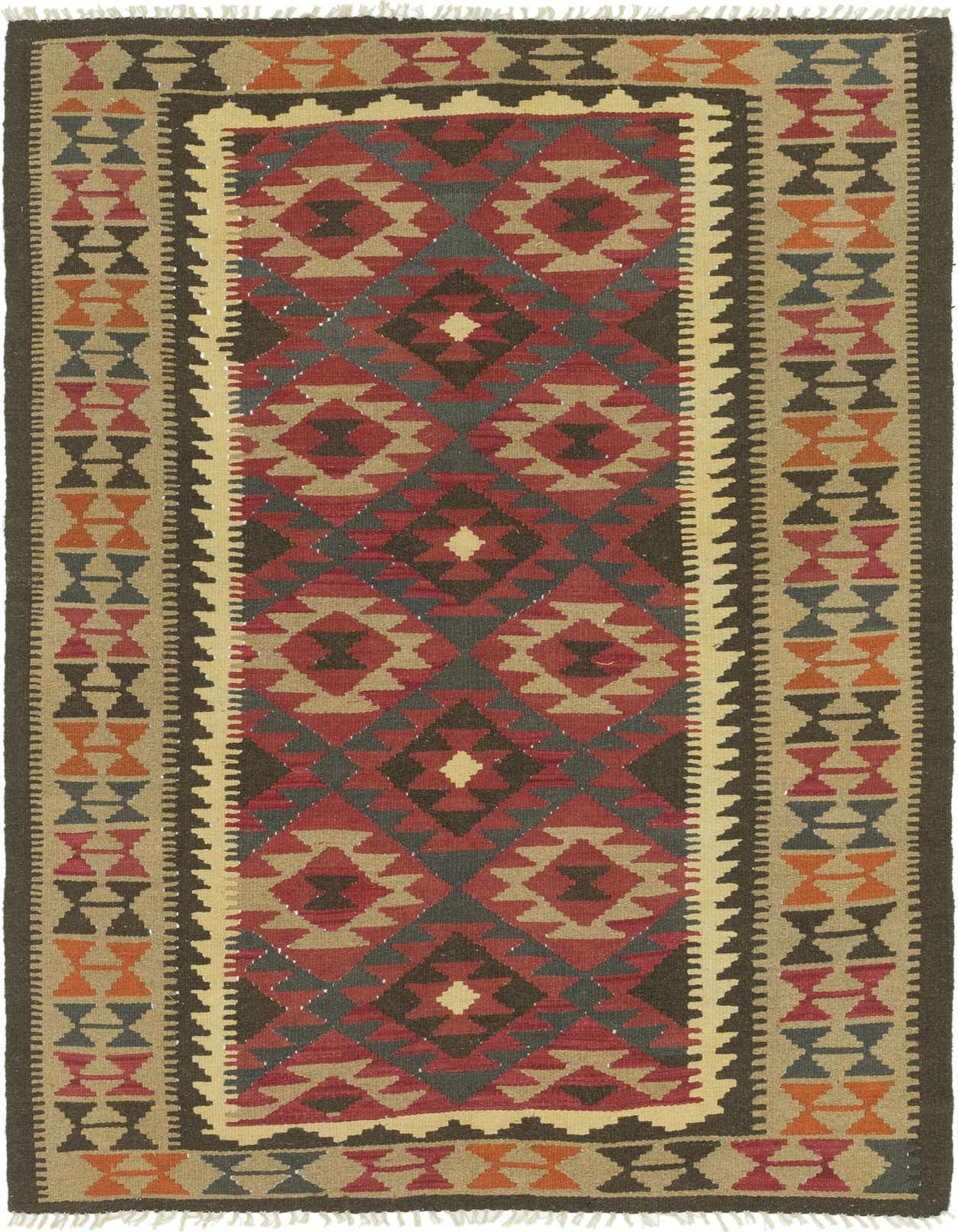 A 5x8 rectangular Kilim Maymana rug featuring a tribal pattern in reds, grays, and tans, with a flatweave texture.