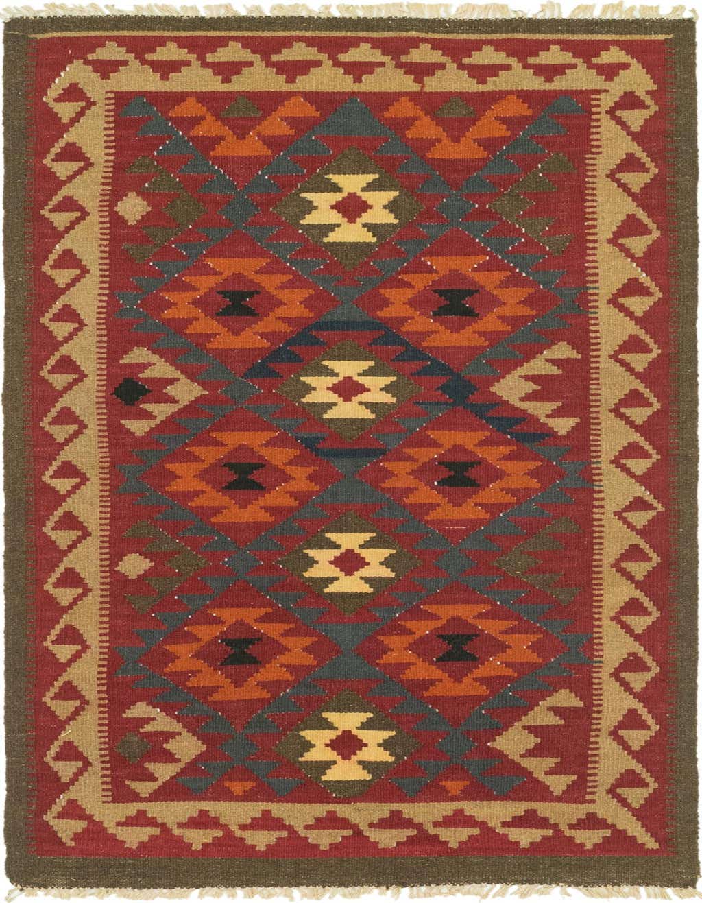 A 4x6 rectangular Kilim Maymana wool rug featuring a vibrant tribal pattern in reds, oranges, blues, and golds.