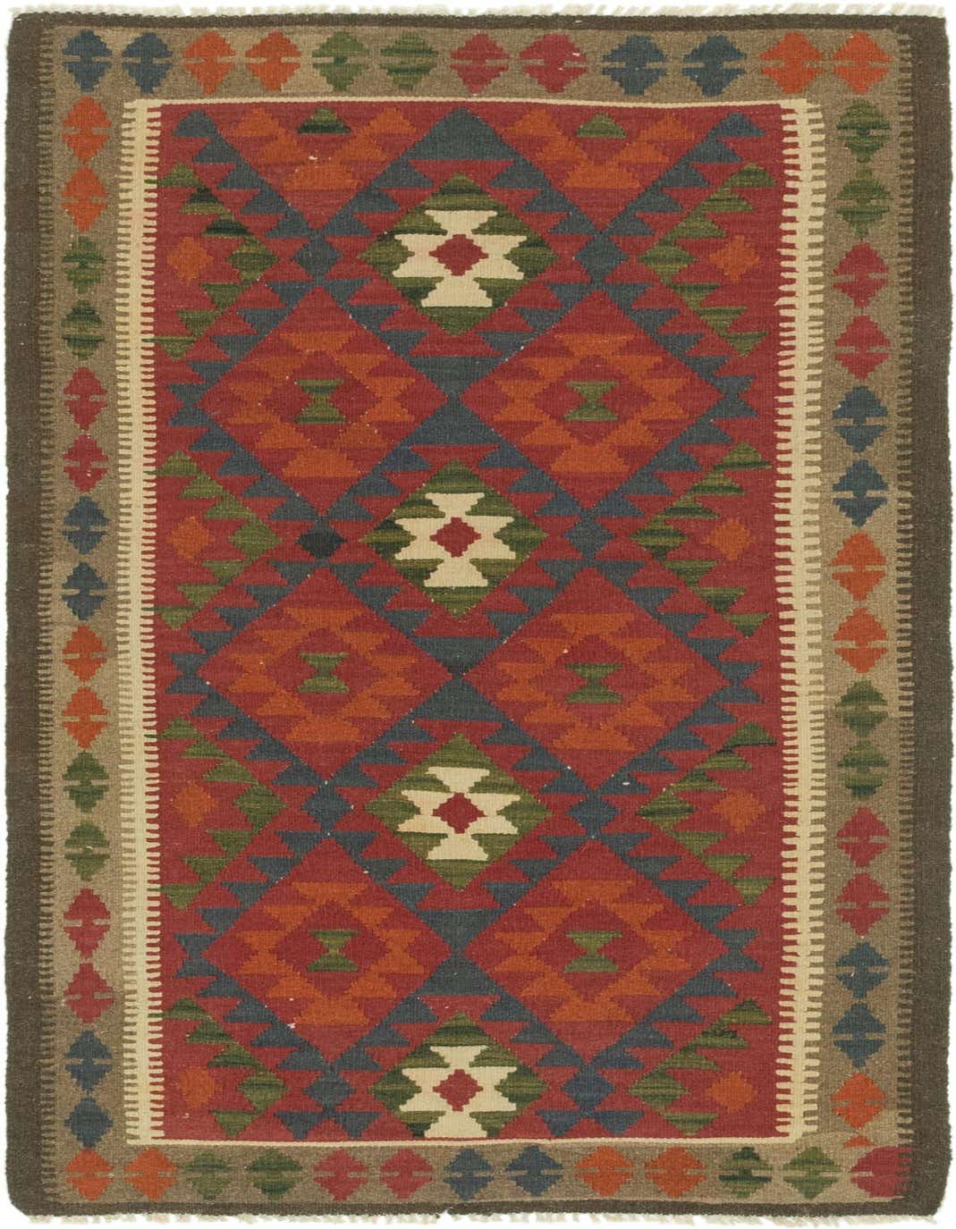 A 4x6 rectangular Kilim Maymana rug featuring a vibrant tribal pattern in reds, oranges, blues, and greens, with a flatweave texture.