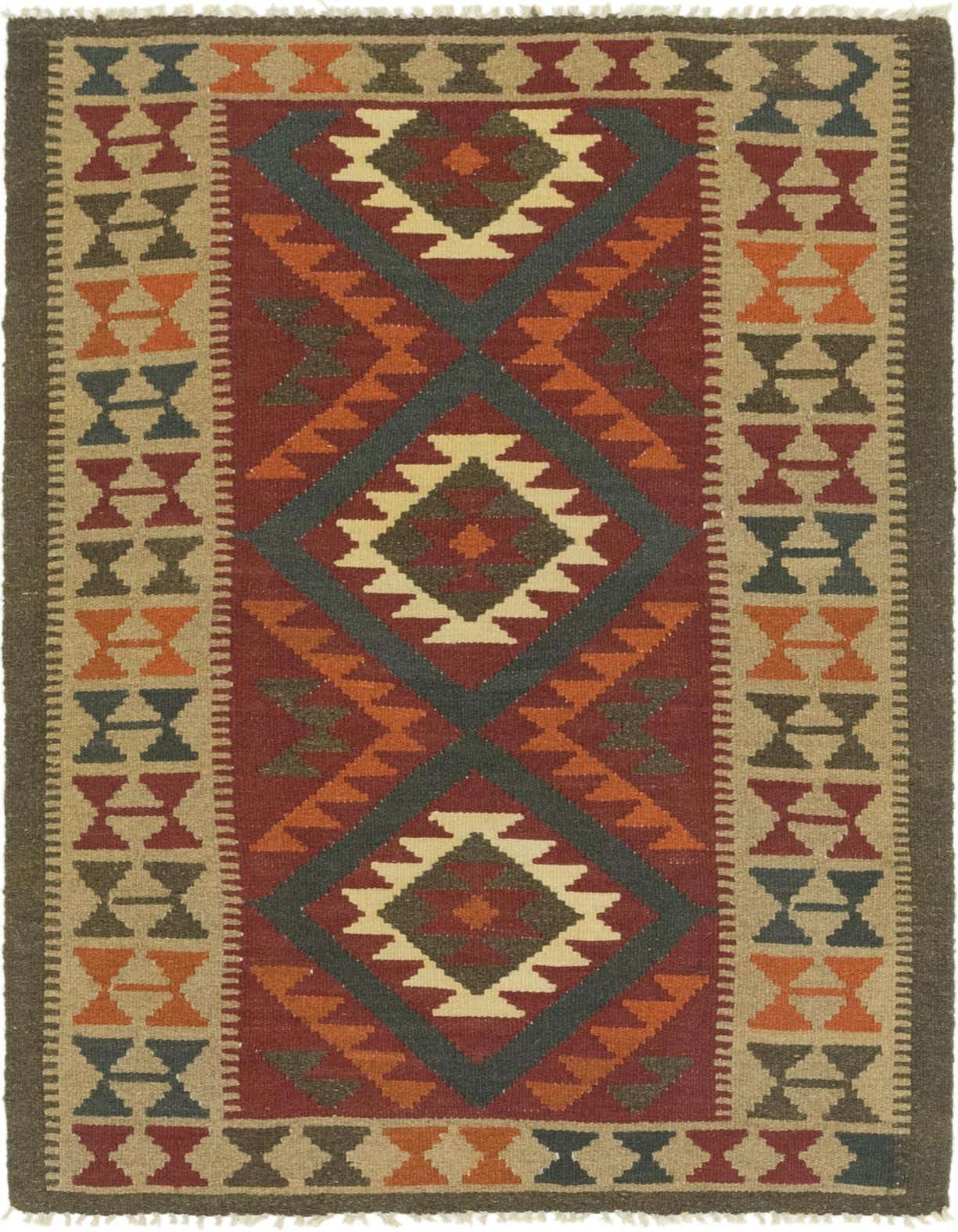 A 3x5 rectangular Kilim Maymana wool rug featuring a central medallion and tribal patterns in reds, oranges, and dark gray.