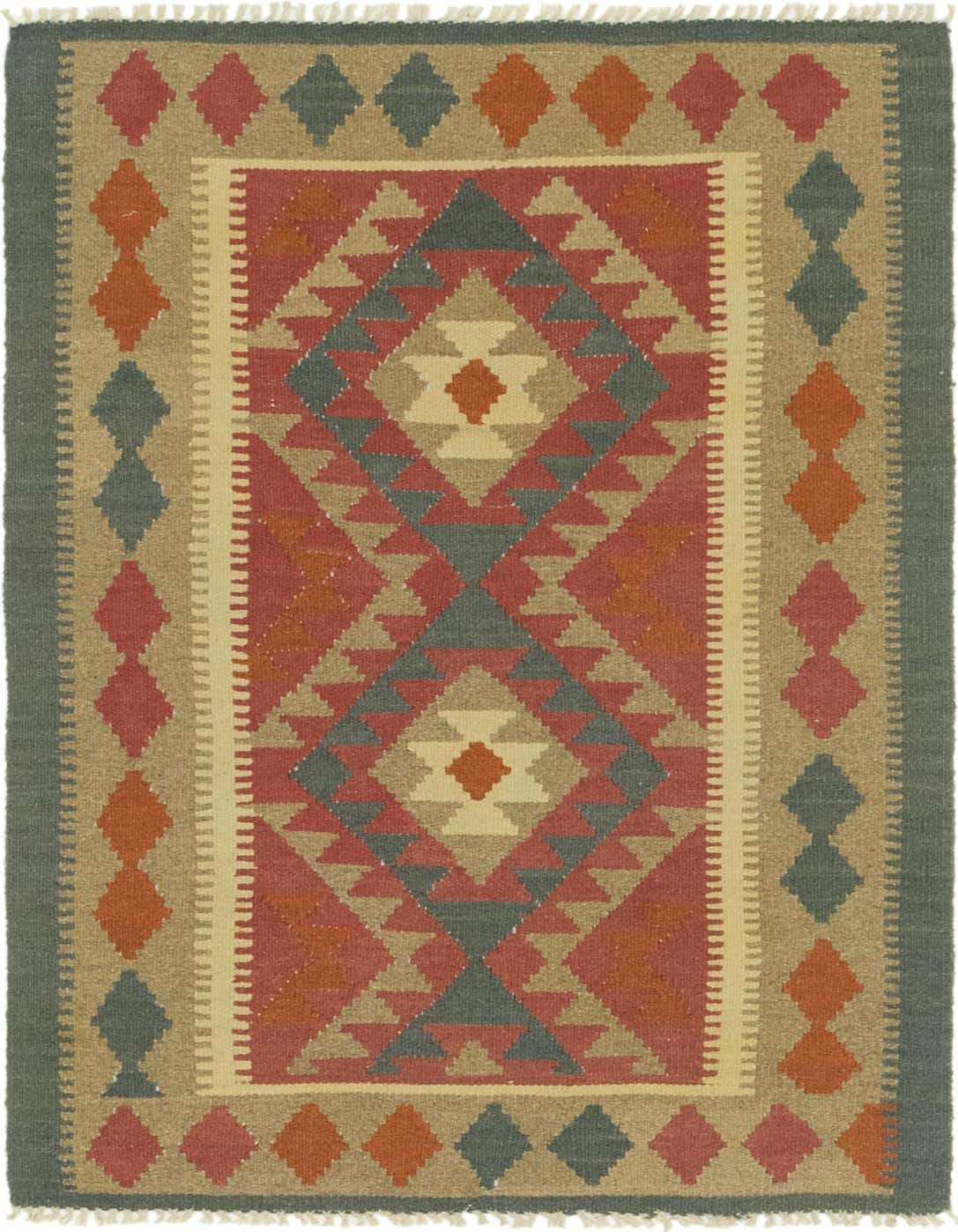 A 3x5 rectangular Kilim Maymana rug featuring a tribal medallion pattern in reds, oranges, greens, and beige.