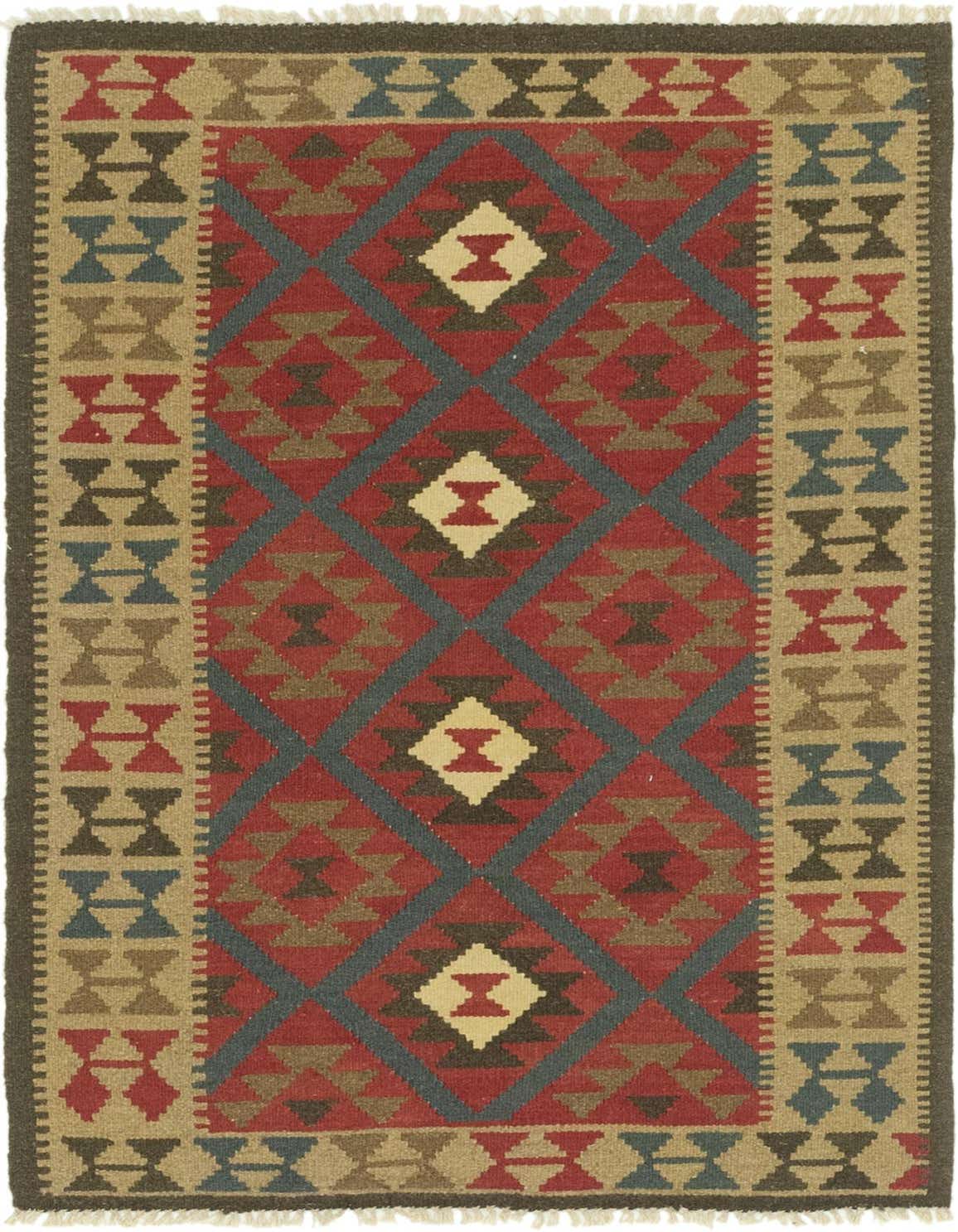 A 3x5 rectangular Kilim Maymana rug featuring a vibrant red field with a gray diamond lattice pattern and tribal medallions, bordered by a tan and brown design.