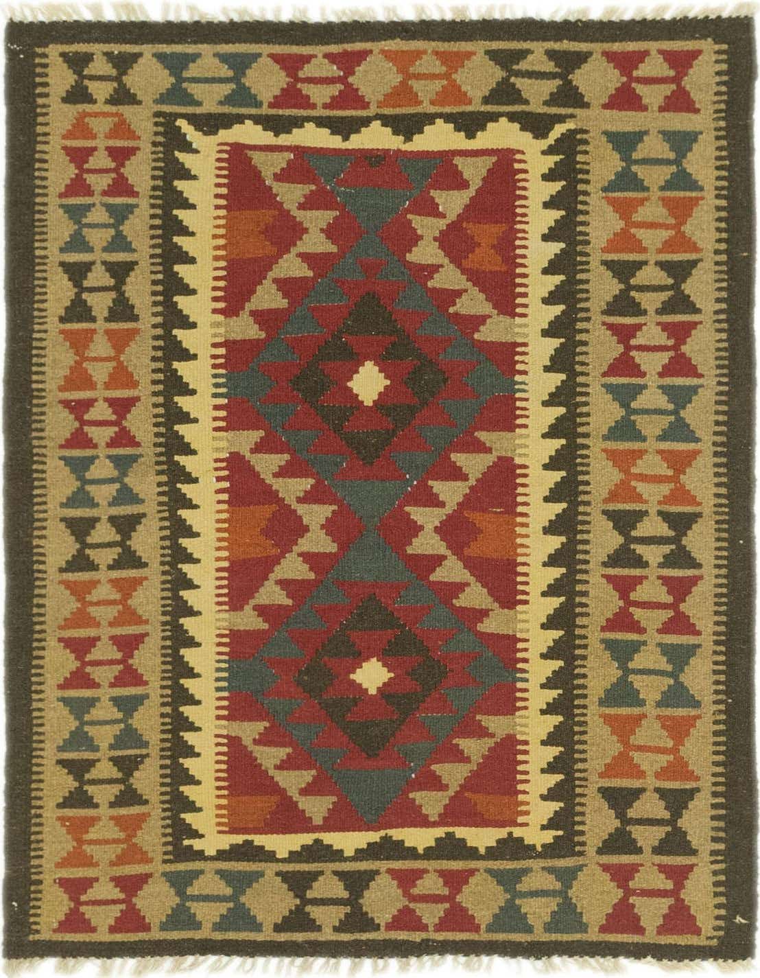 A 3x5 rectangular Kilim Maymana rug featuring a central medallion with geometric tribal patterns in reds, blues, and browns, bordered by complementary designs.