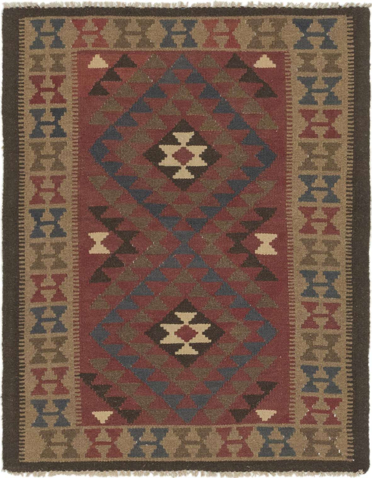 A 4x6 rectangular Kilim Maymana rug featuring a tribal geometric pattern in shades of red, blue, brown, and cream, with a flatweave texture.
