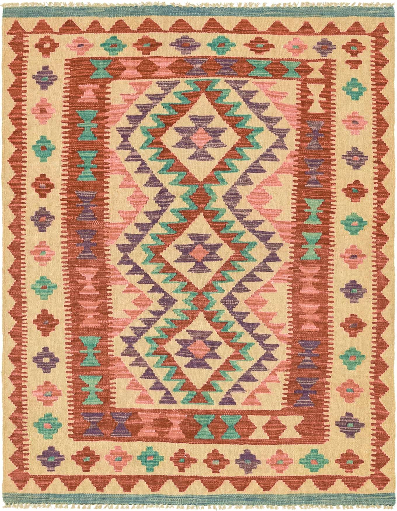 A 3x5 rectangular Kilim Maymana rug with a Southwestern tribal pattern in reds, pinks, purples, and teals on a cream background.