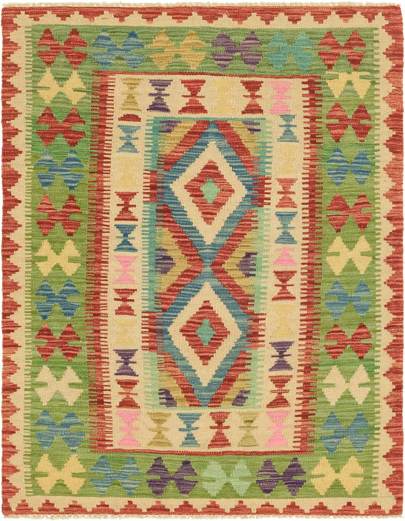 A 3x5 rectangular Kilim Maymana rug featuring a Southwestern tribal pattern in various shades of red, green, blue, and yellow.