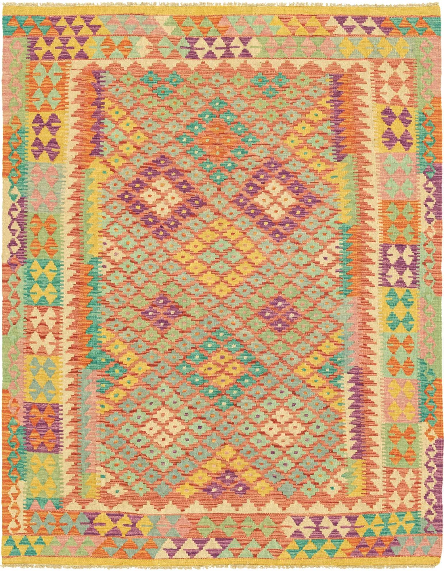 A 4x6 rectangular Kilim Maymana rug with a vibrant Southwestern pattern in reds, oranges, yellows, purples, and teals.