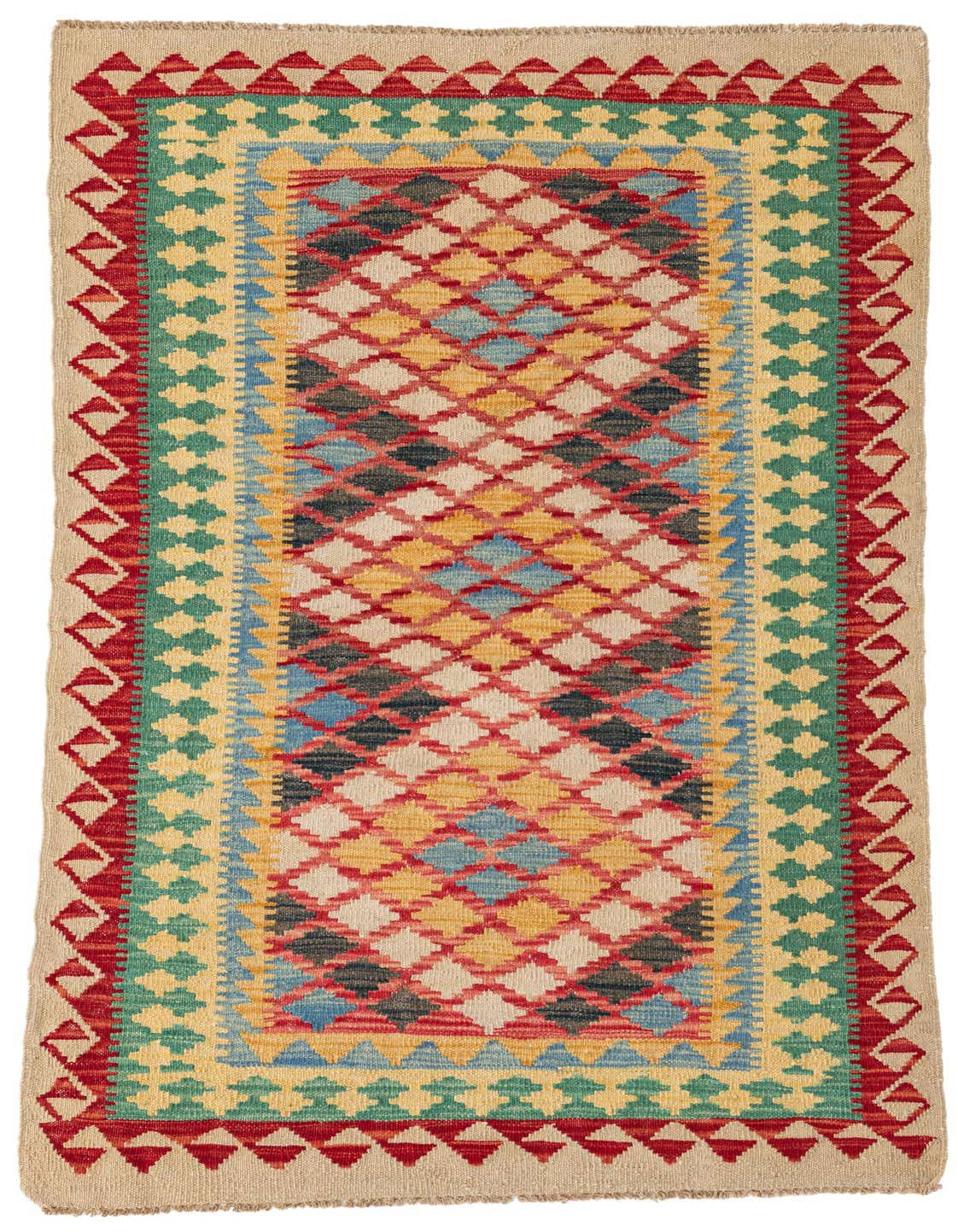 A 4x6 rectangular Kilim Maymana rug with a Southwestern tribal pattern in shades of red, yellow, blue, and green, with a beige border.