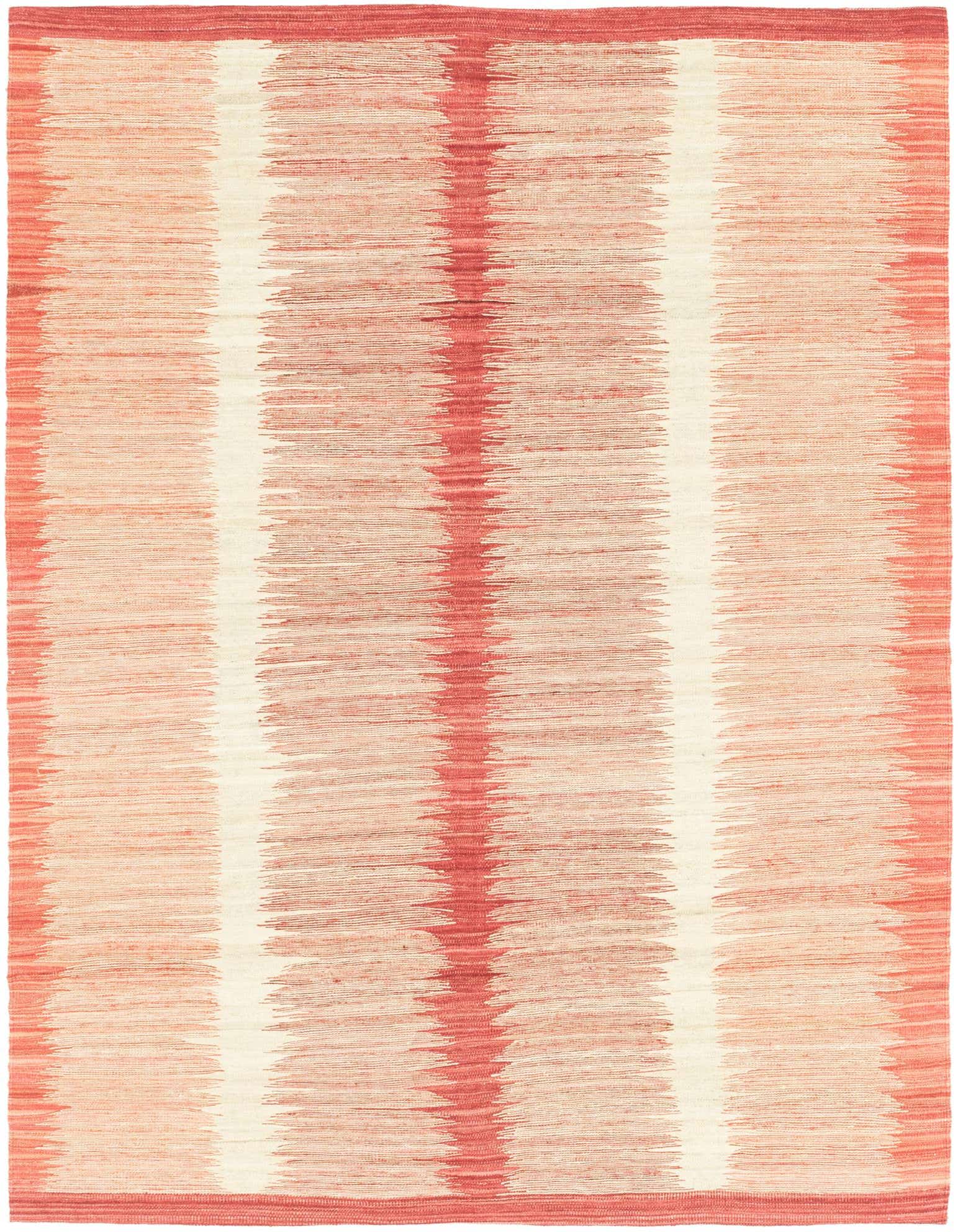 A 6x9 rectangular Kilim Modern rug with a flatweave texture, featuring abstract red and off-white vertical stripes.