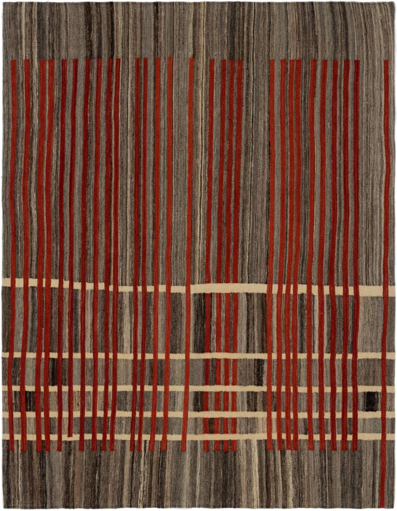 A 5x8 rectangular Kilim Modern wool rug featuring a tribal stripe pattern in shades of red, gray, and beige.