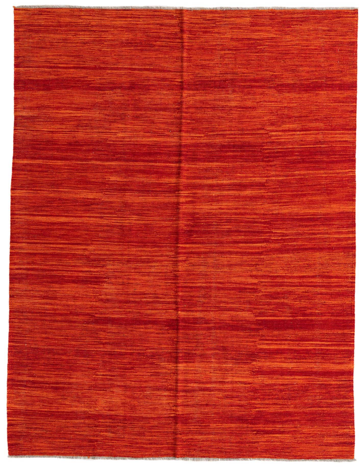 A 5x8 rectangular flatweave rug in varying shades of red, featuring a subtle striped, tribal pattern.