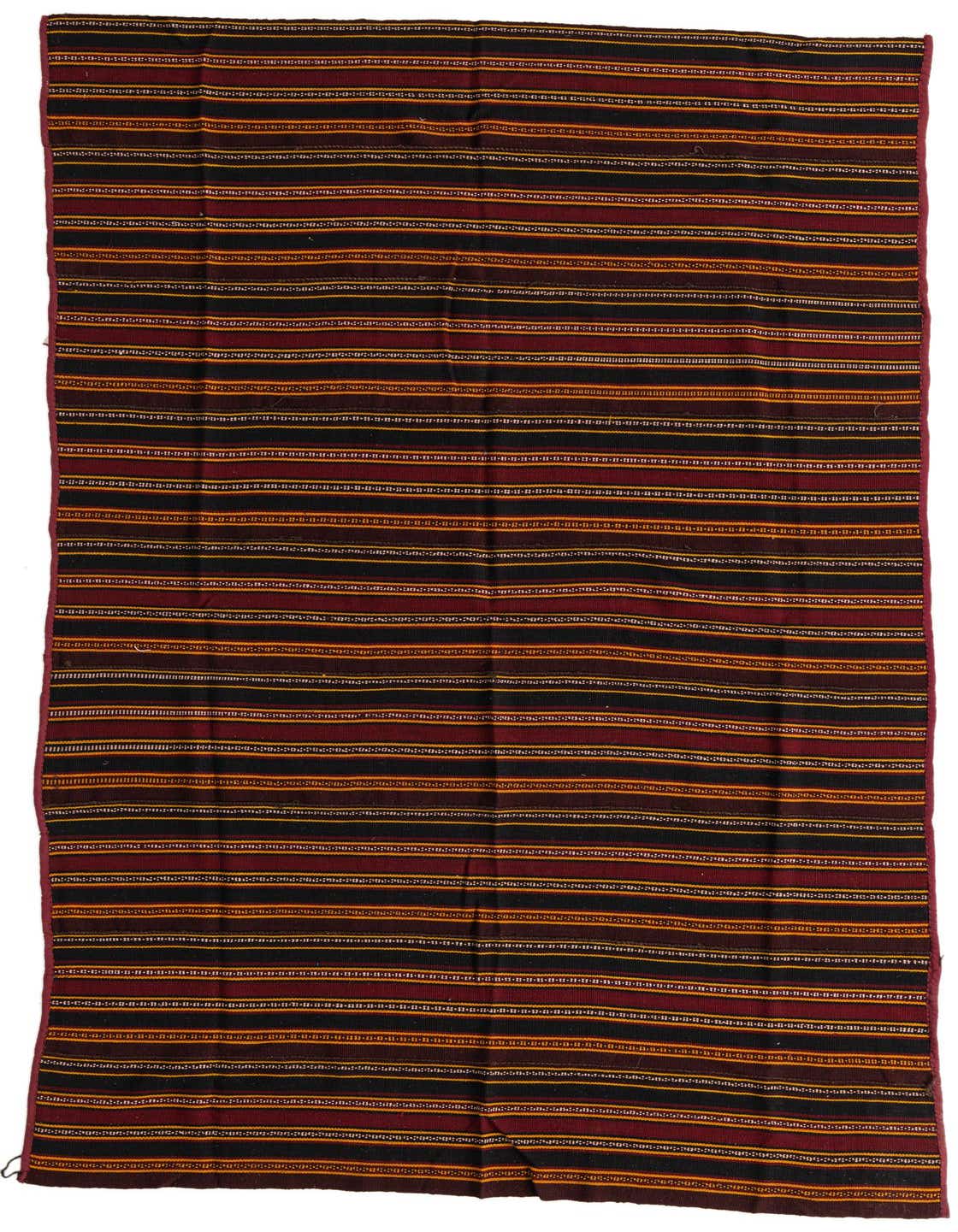 A 6x9 rectangular Kilim Modern rug featuring a tribal striped pattern in shades of red, black, and orange.
