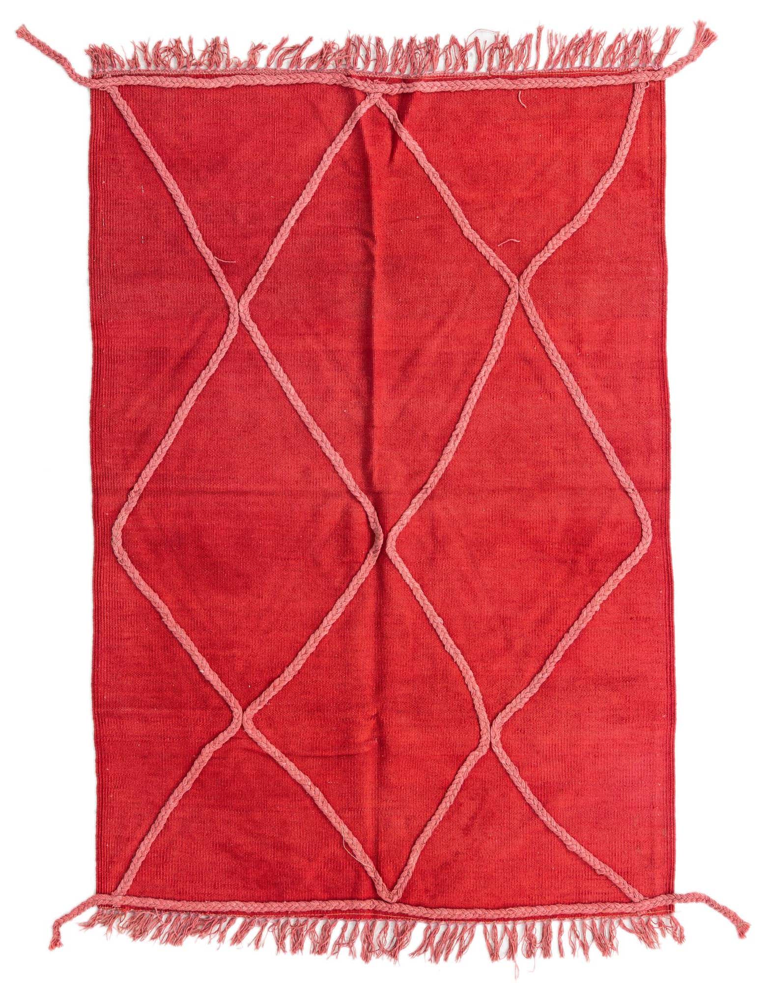 A 3x5 rectangular red tribal flatweave rug with a lighter red braided diamond pattern and fringed edges.