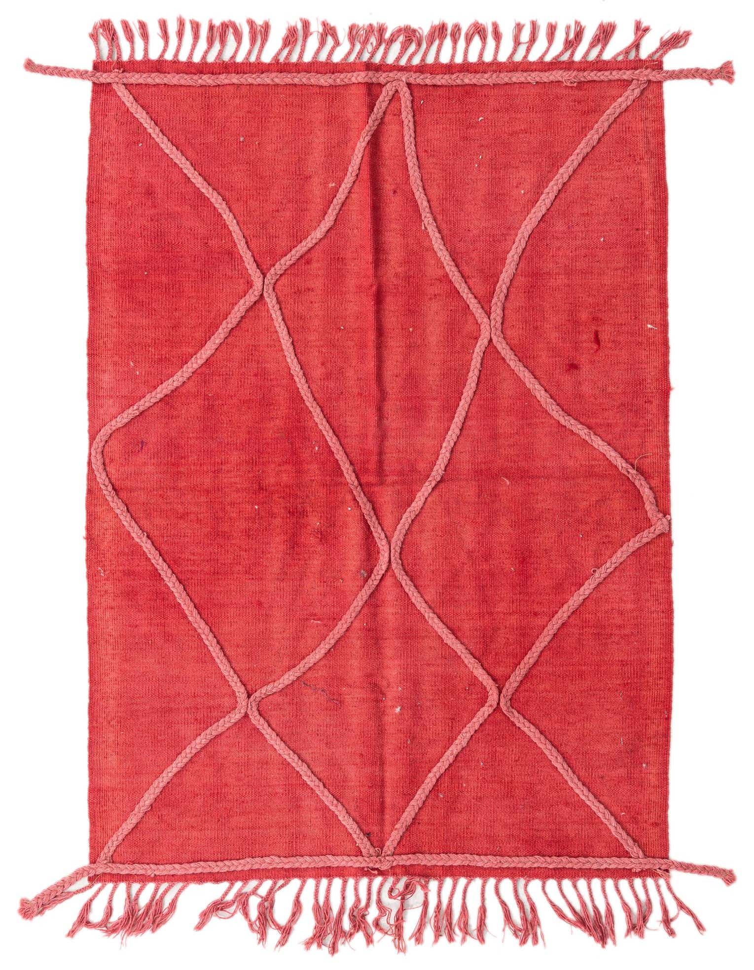 A 3x5 rectangular red tribal flatweave rug with a raised diamond pattern and fringe.
