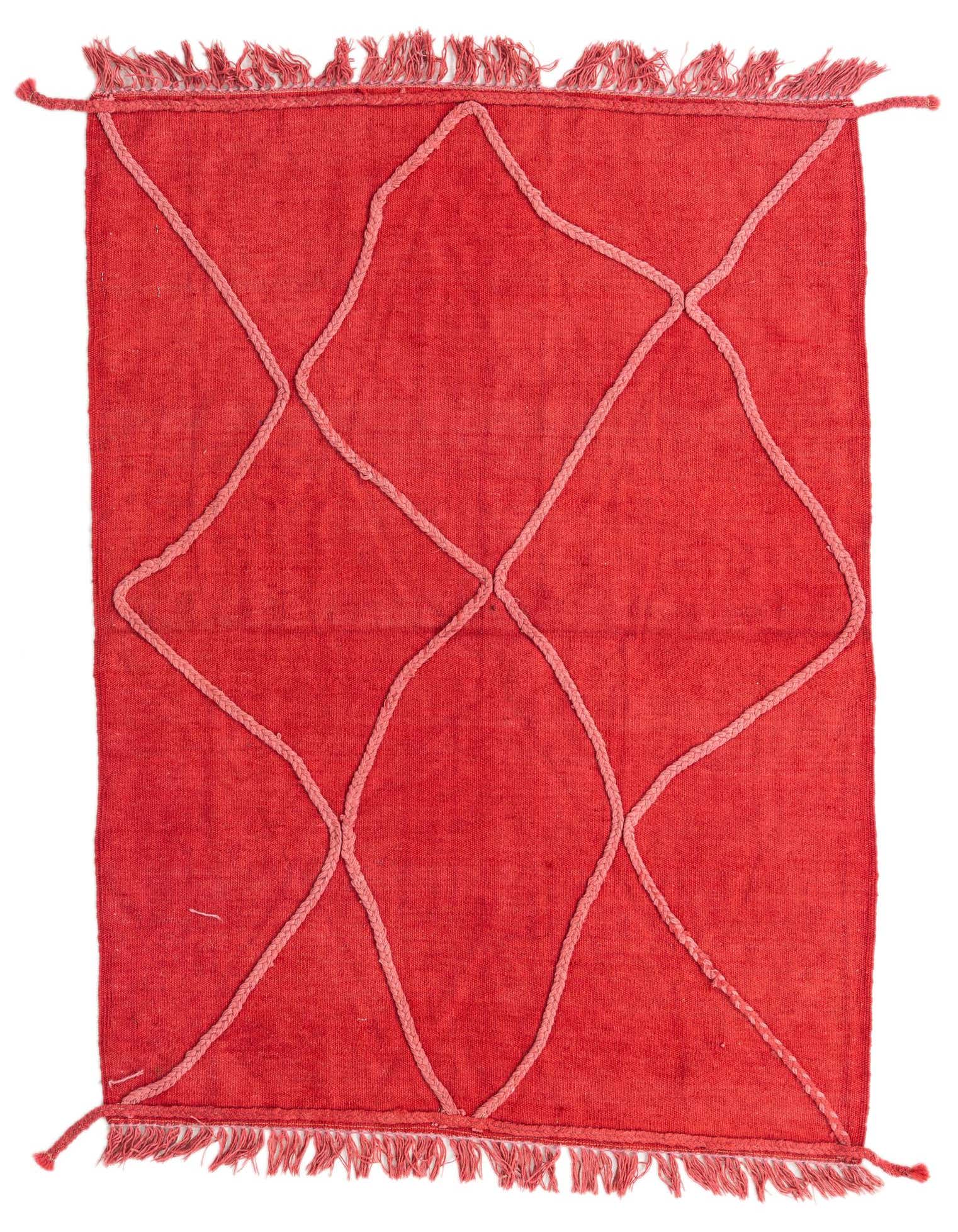 A 3x5 rectangular red tribal rug with a textured diamond pattern and fringed edges, ideal for a kitchen or entryway.