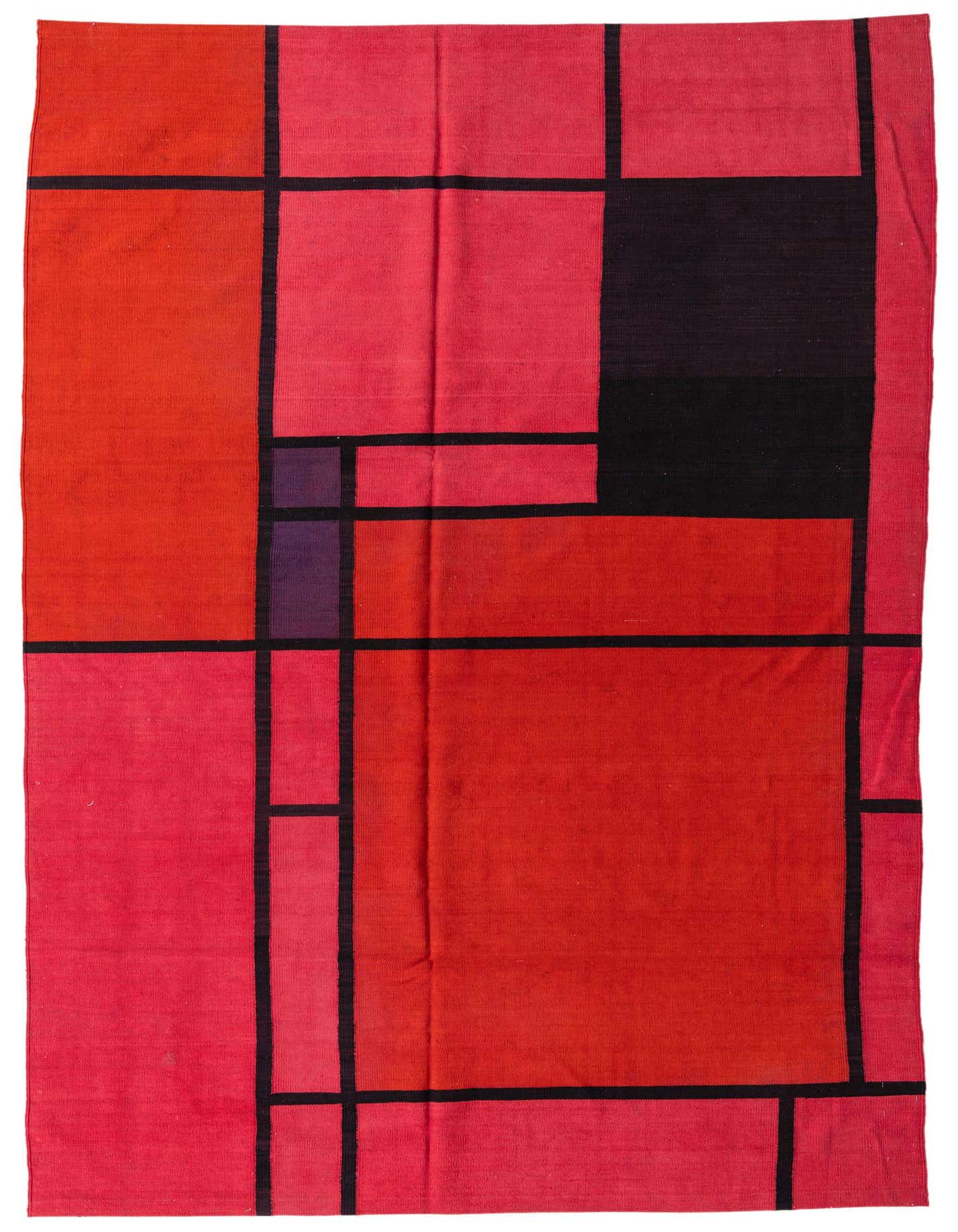 A 7x10 rectangular flatweave Kilim Modern rug featuring a bold abstract geometric pattern in various shades of red, black, and hints of purple.