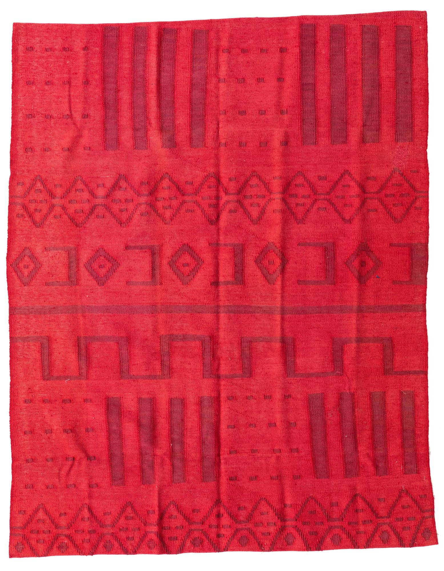 A 4x6 rectangular red wool flatweave rug with dark red tribal and geometric patterns, ideal for a living room or entryway.