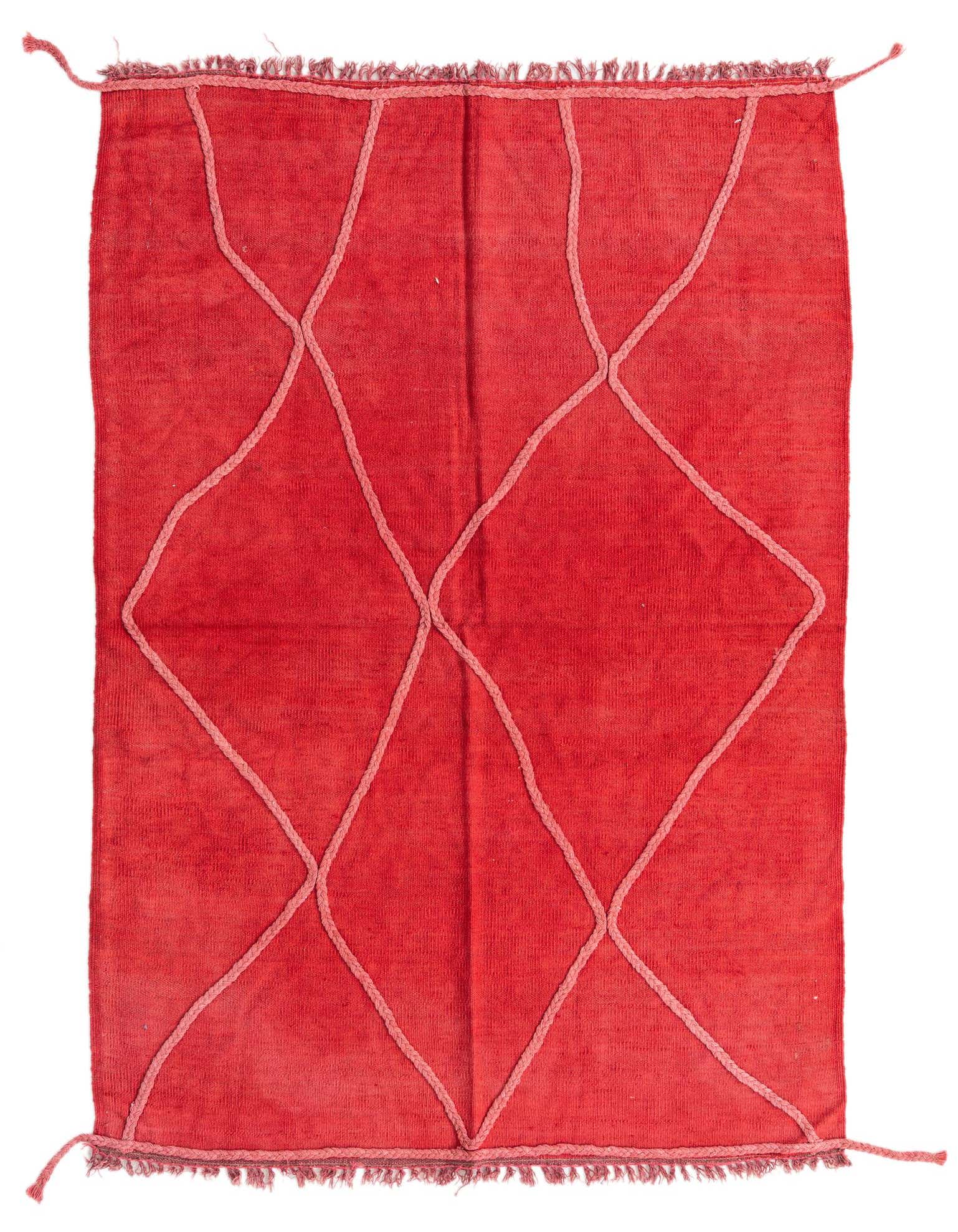A 4x6 rectangular red tribal rug with a flatweave texture and light red diamond pattern, featuring fringed edges.